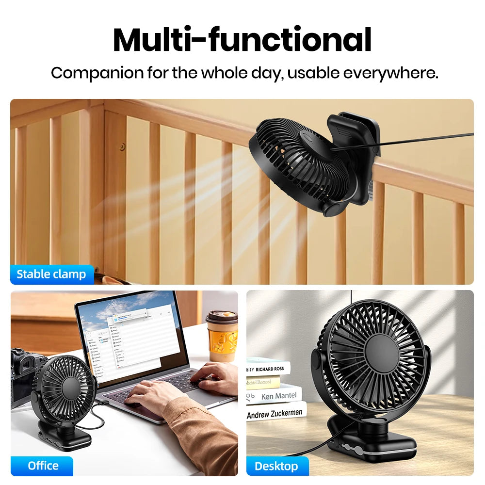 Mini Portable Clip On USB Desk Fan with 720° Rotation Quiet 3 Speed Personal Fan for Home Office