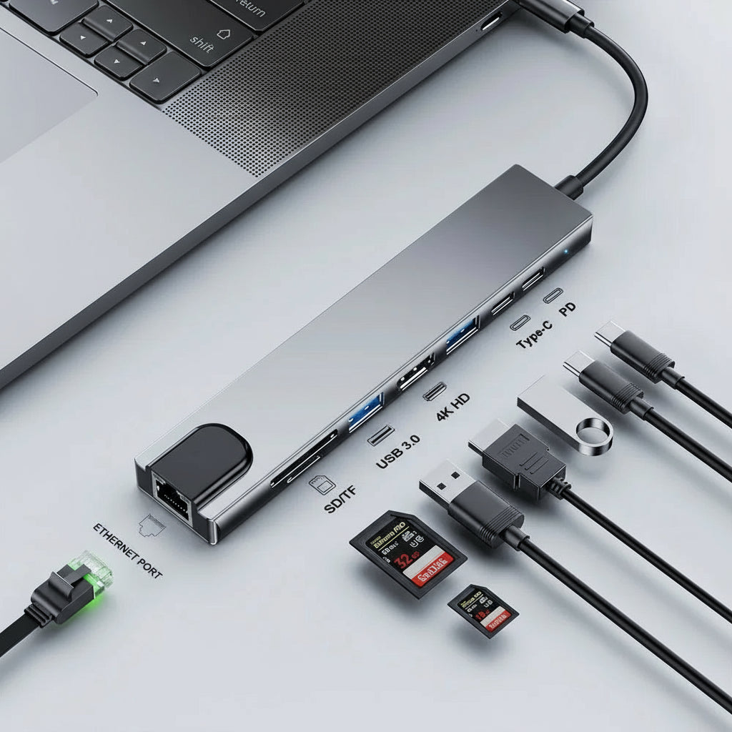 8-in-1 USB-C Hub Adapter with 4K HDMI, RJ45, SD/TF Card Reader, and PD Fast Charging