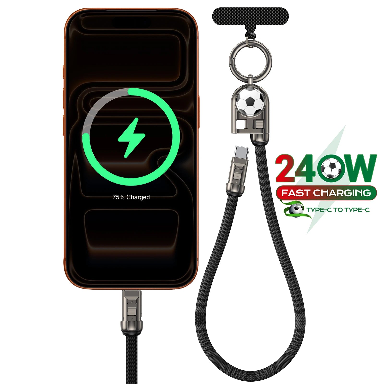 2 in 1 240W USB C Fast Charging Data Cable with Lanyard for iPhone Samsung and Huawei Devices