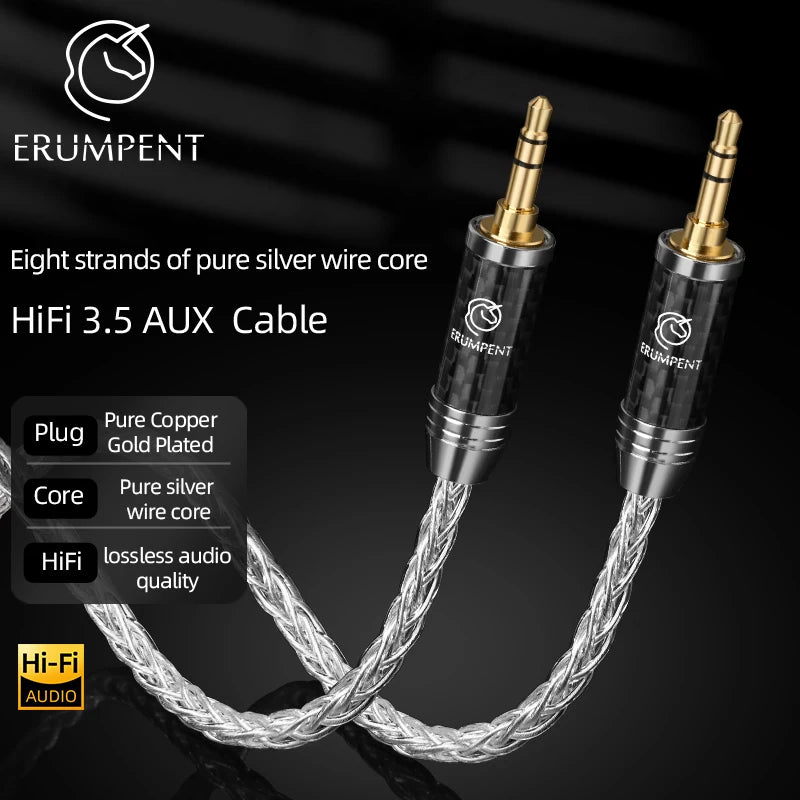 Pure Silver HiFi 3.5mm Stereo Aux Audio Cable with 8 Strands for Speaker AMP and Headphones