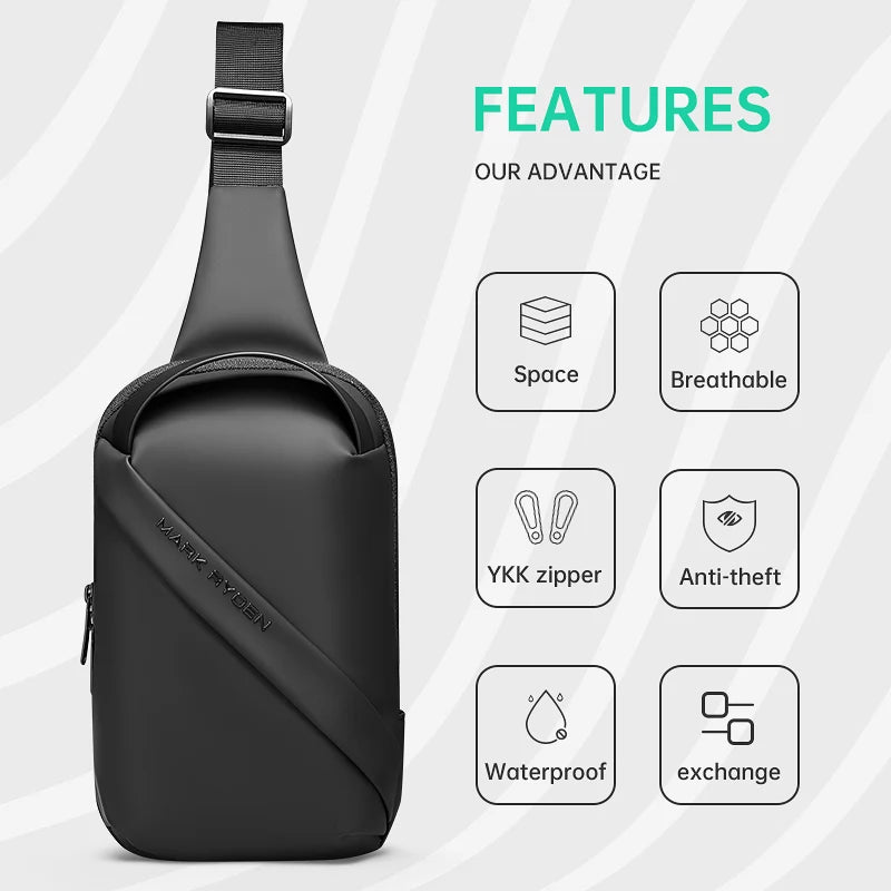 Men’s Black Oxford Crossbody Sling Bag with USB Charging and Water Resistant Chest Design 7.9 Inch