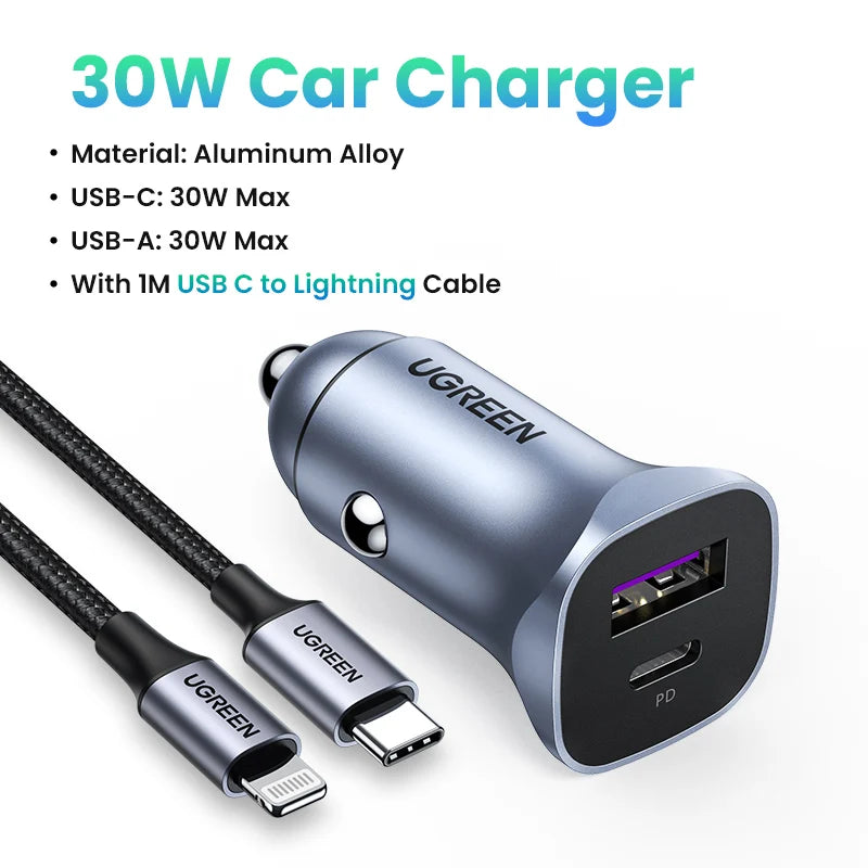 30W Car Charger USB-C Fast Charging for iPhone 17 16 15 Samsung Xiaomi Quick Charge 3.0 4.0
