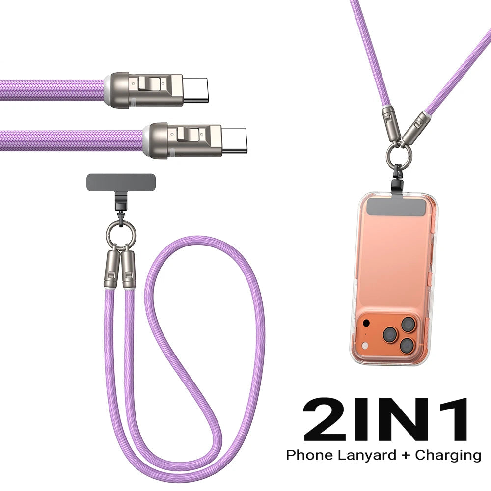 240W USB Type C to Type C Fast Charging Phone Lanyard Cable with Braided Neck Strap 1.2m