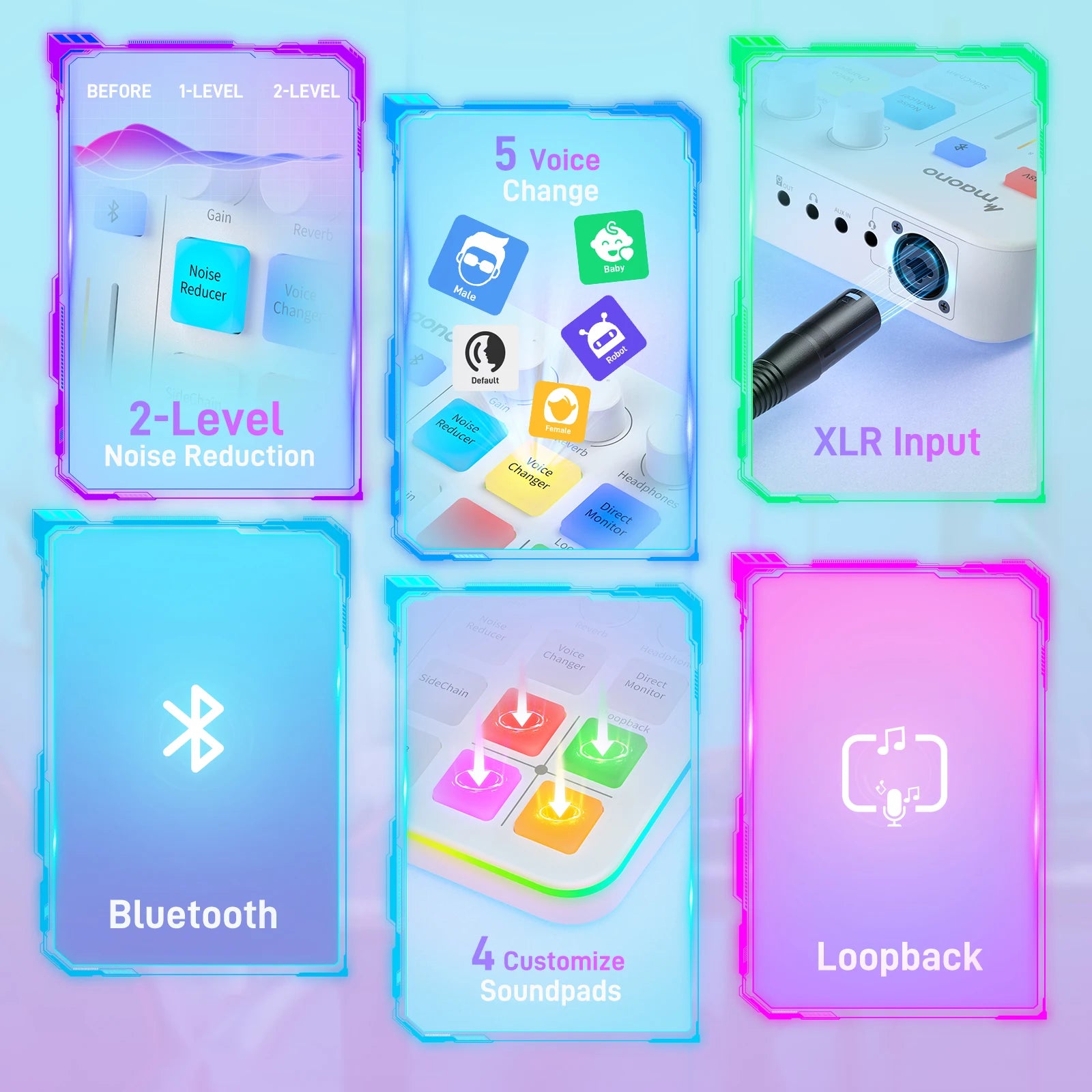 Audio Mixer with XLR Microphone Interface RGB Sound Effects for Streaming, Gaming and Podcasting