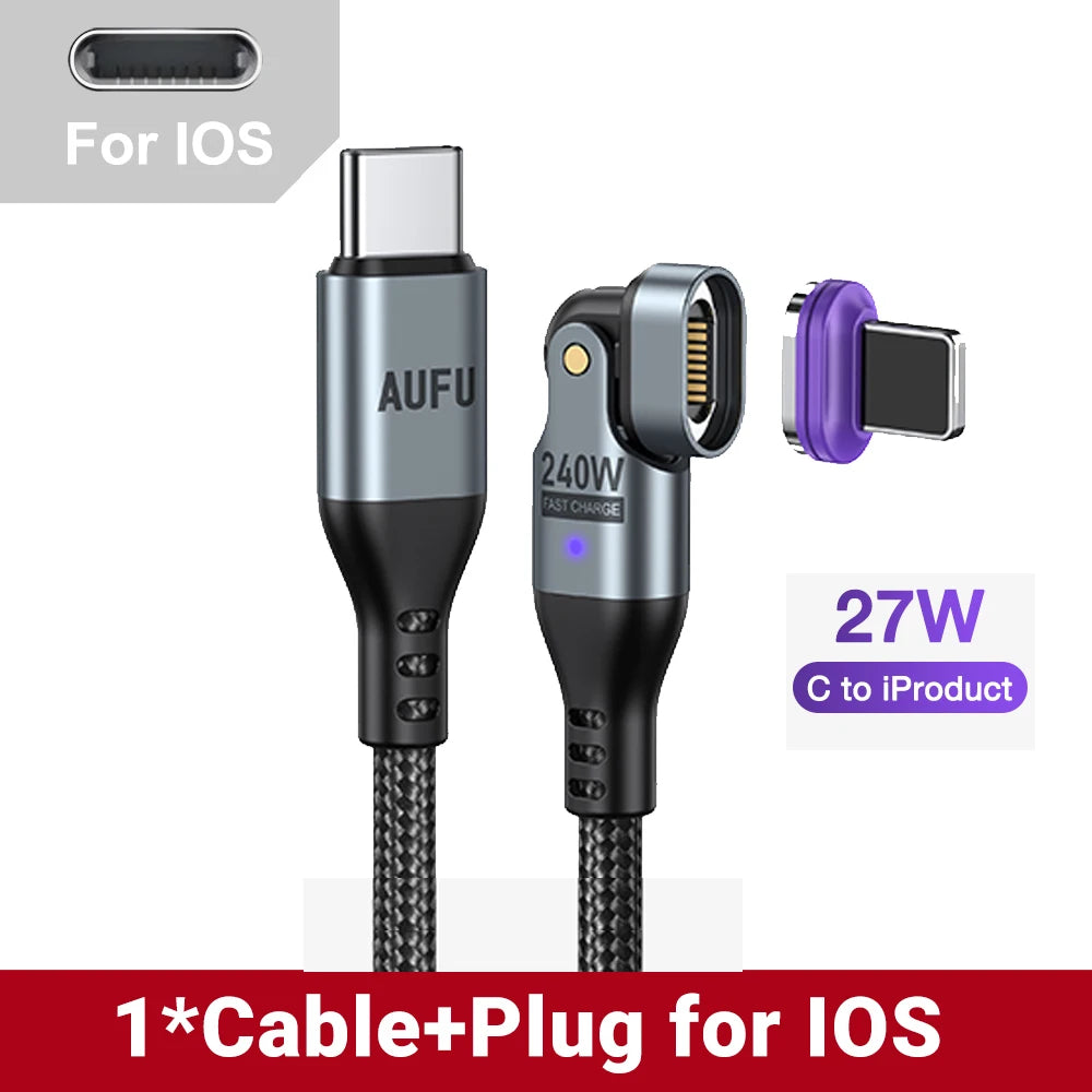 Magnetic 240W Fast Charging USB Cable with 180 Degree Rotation for iPhone and Type C Devices