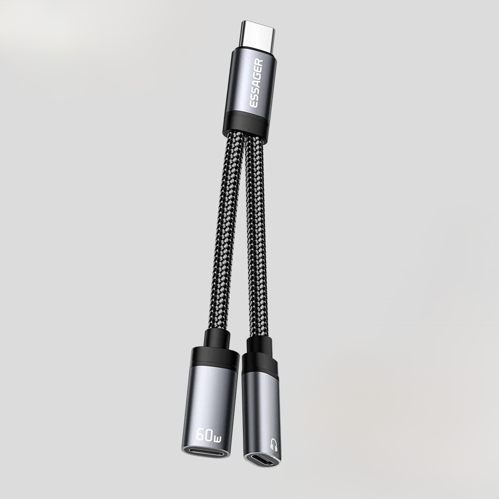 Essager 2-in-1 Type-C to 3.5mm AUX Audio Adapter with 60W PD Fast Charging for iPhone 16, Samsung