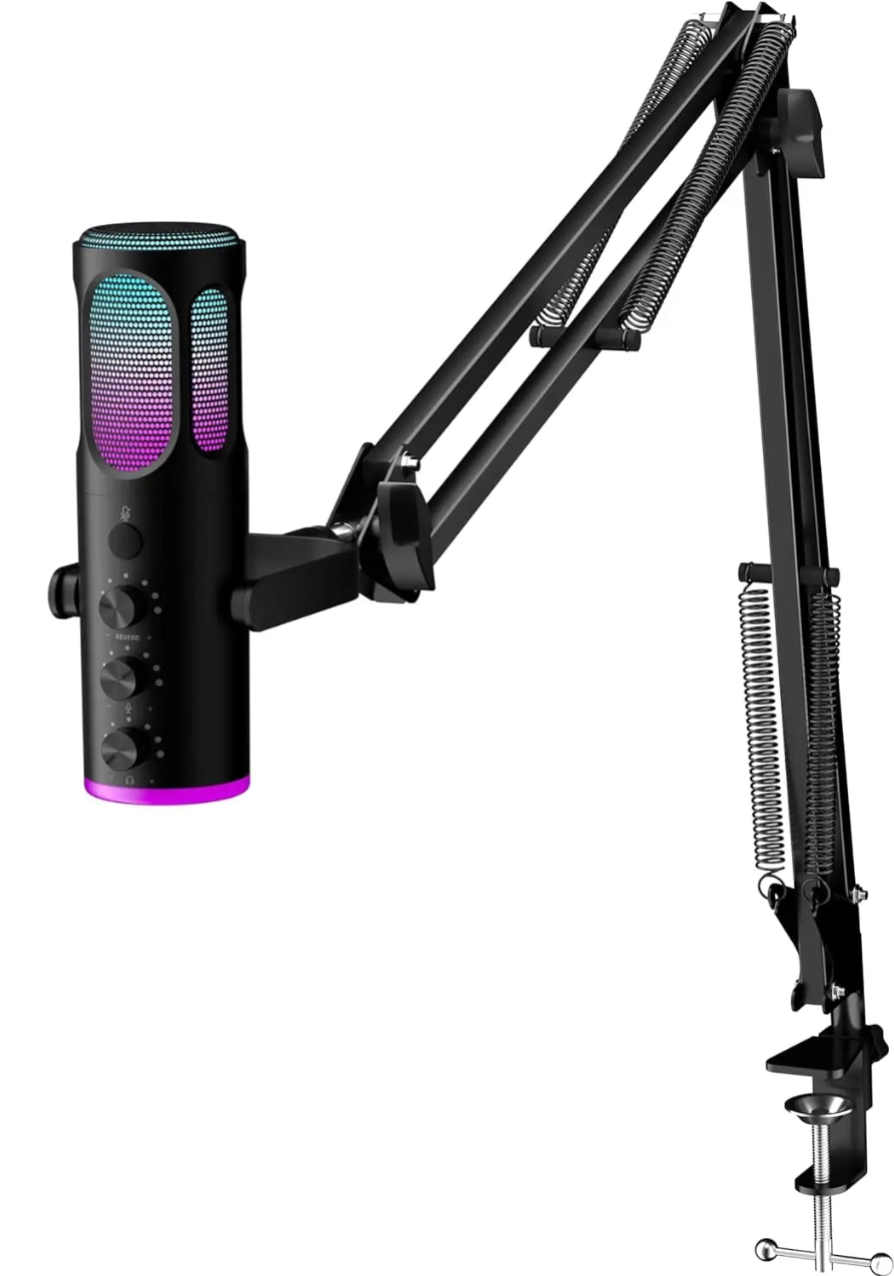 Professional USB Condenser Microphone with Noise Cancellation and Boom Arm for Streaming