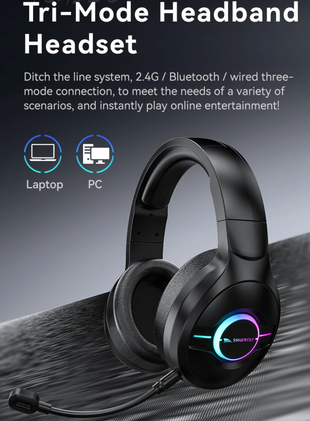 Three Mode Wireless Headphones with RGB Lighting and Detachable Microphone for PC and Laptop