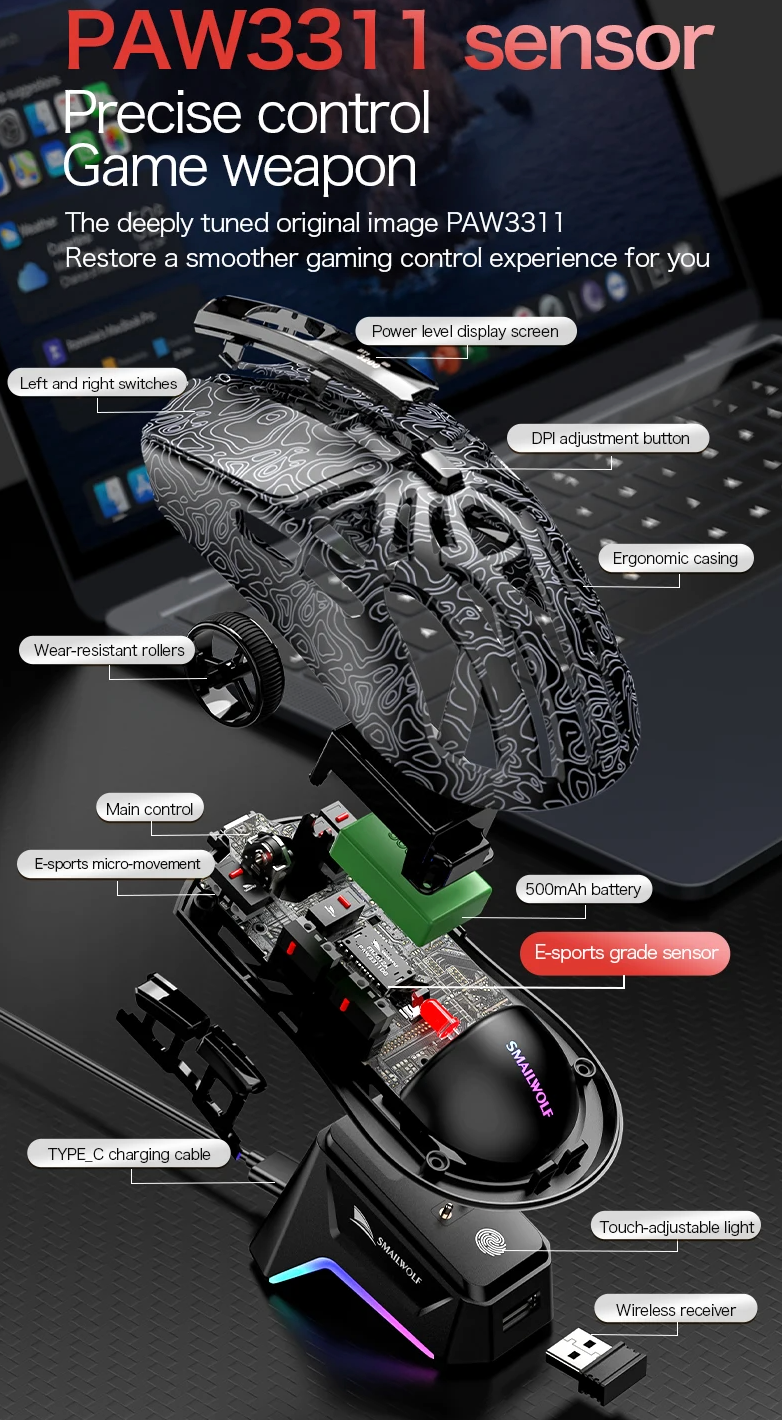 Wireless Gaming Mouse with Three Mode Connectivity and 12000 DPI Precision Sensor