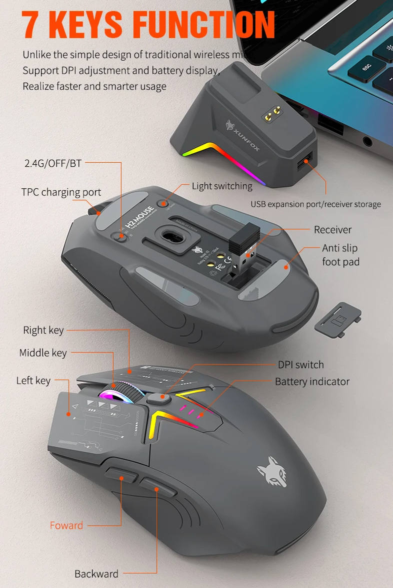 Wireless Bluetooth RGB Mouse with Magnetic Charging and Dual Mode for Gaming and Work