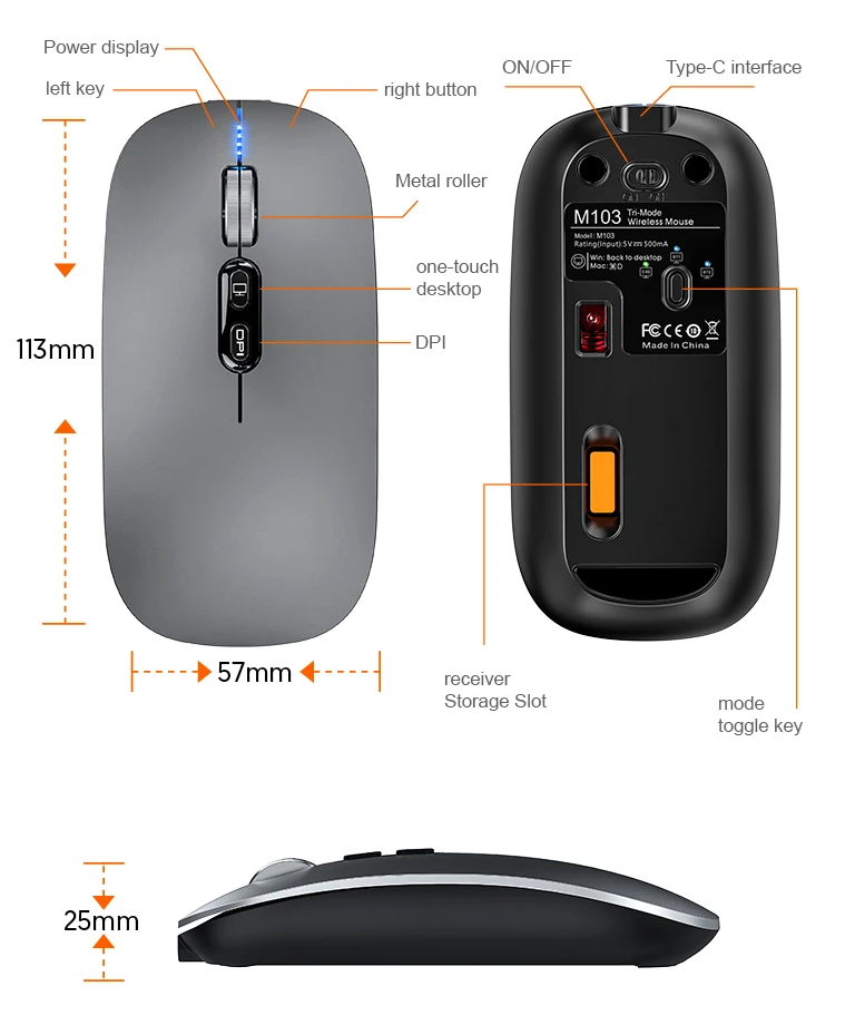 Bluetooth Dual Mode Wireless Mouse with Silent Click and Rechargeable Battery for Laptop