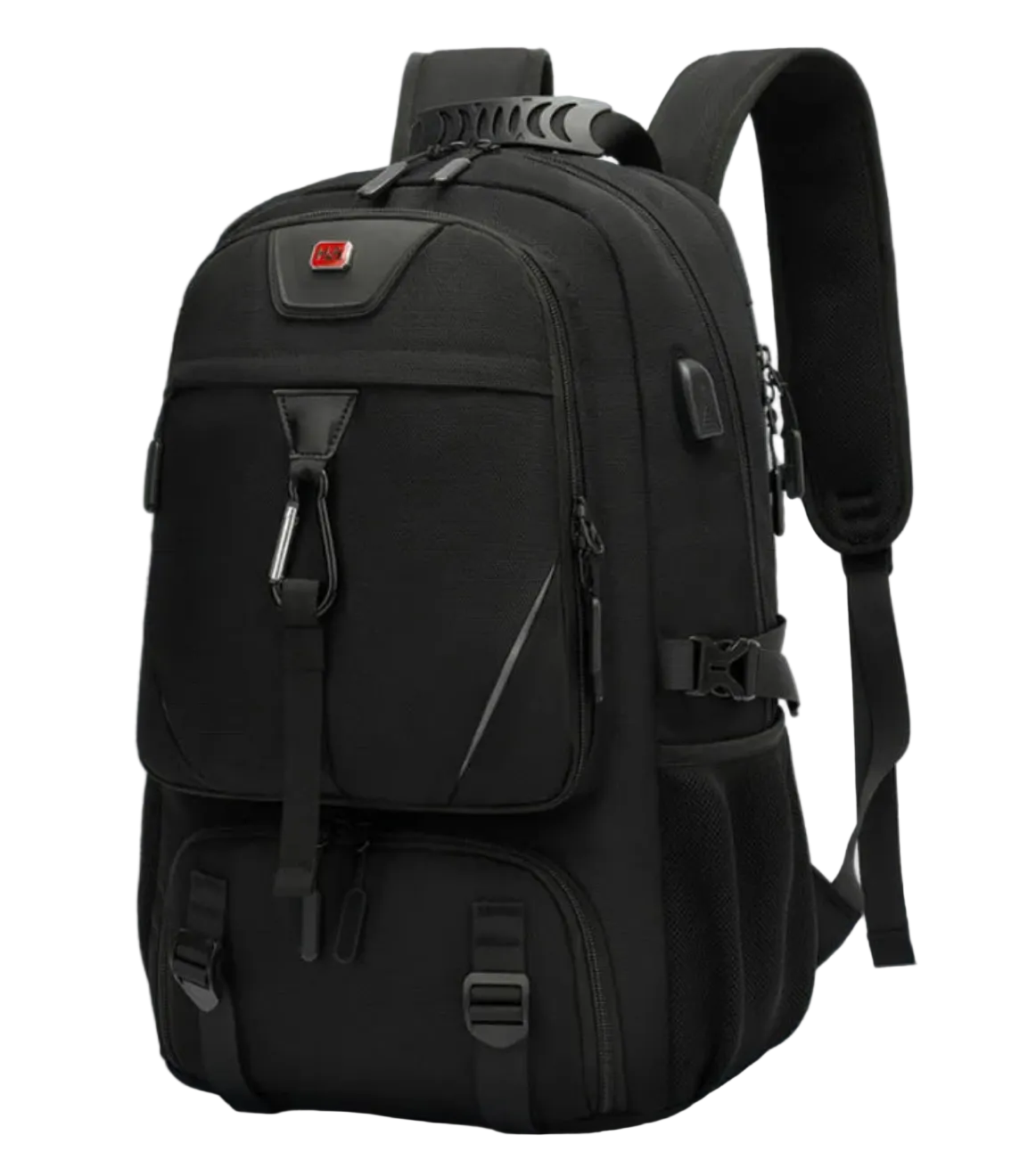 Large capacity outdoor backpack with USB charging and multiple compartments for travel hiking camping