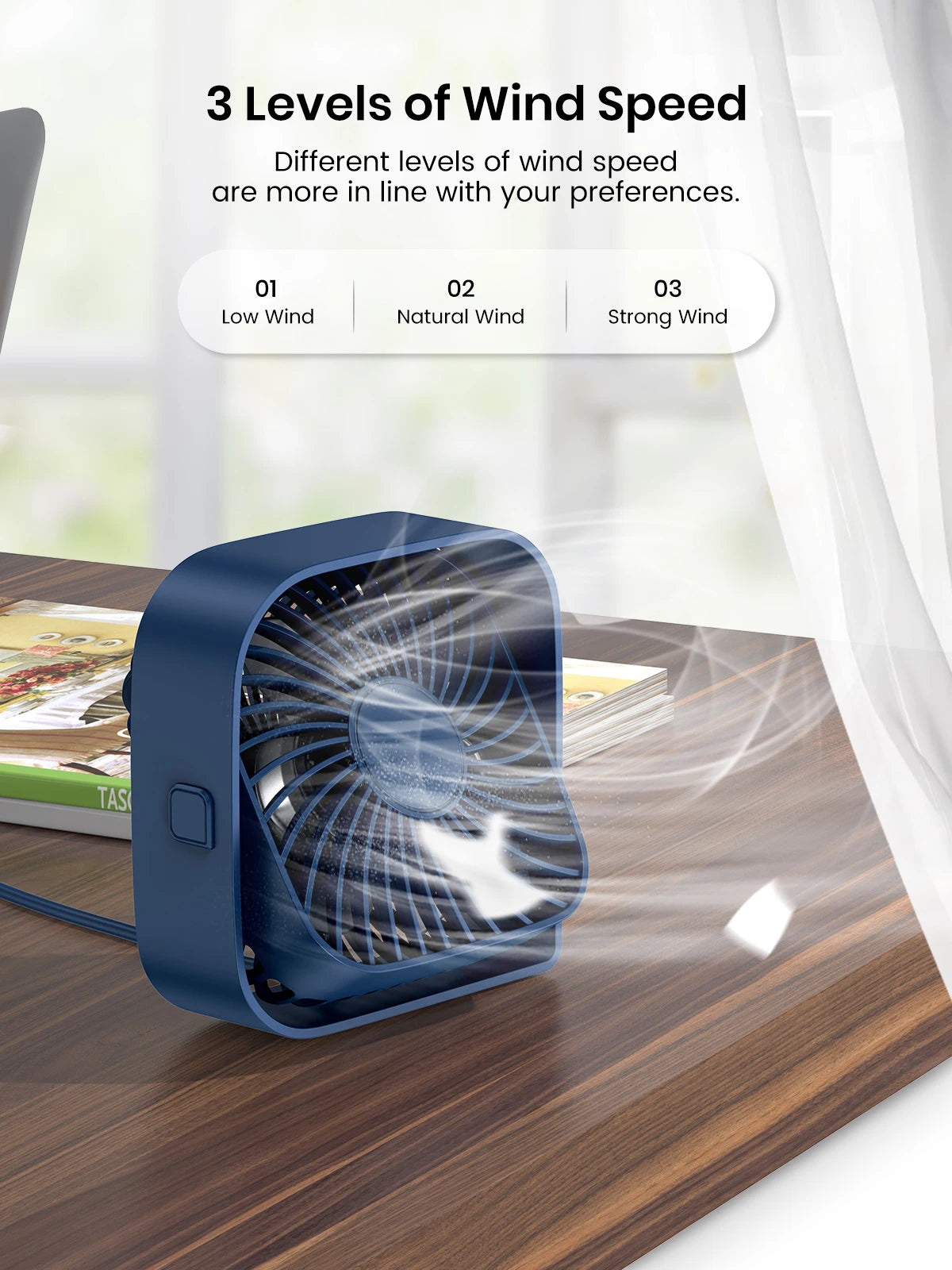 Portable USB Desk Fan with Strong Airflow Quiet Operation Three Speed and 360 Degree Rotating Head