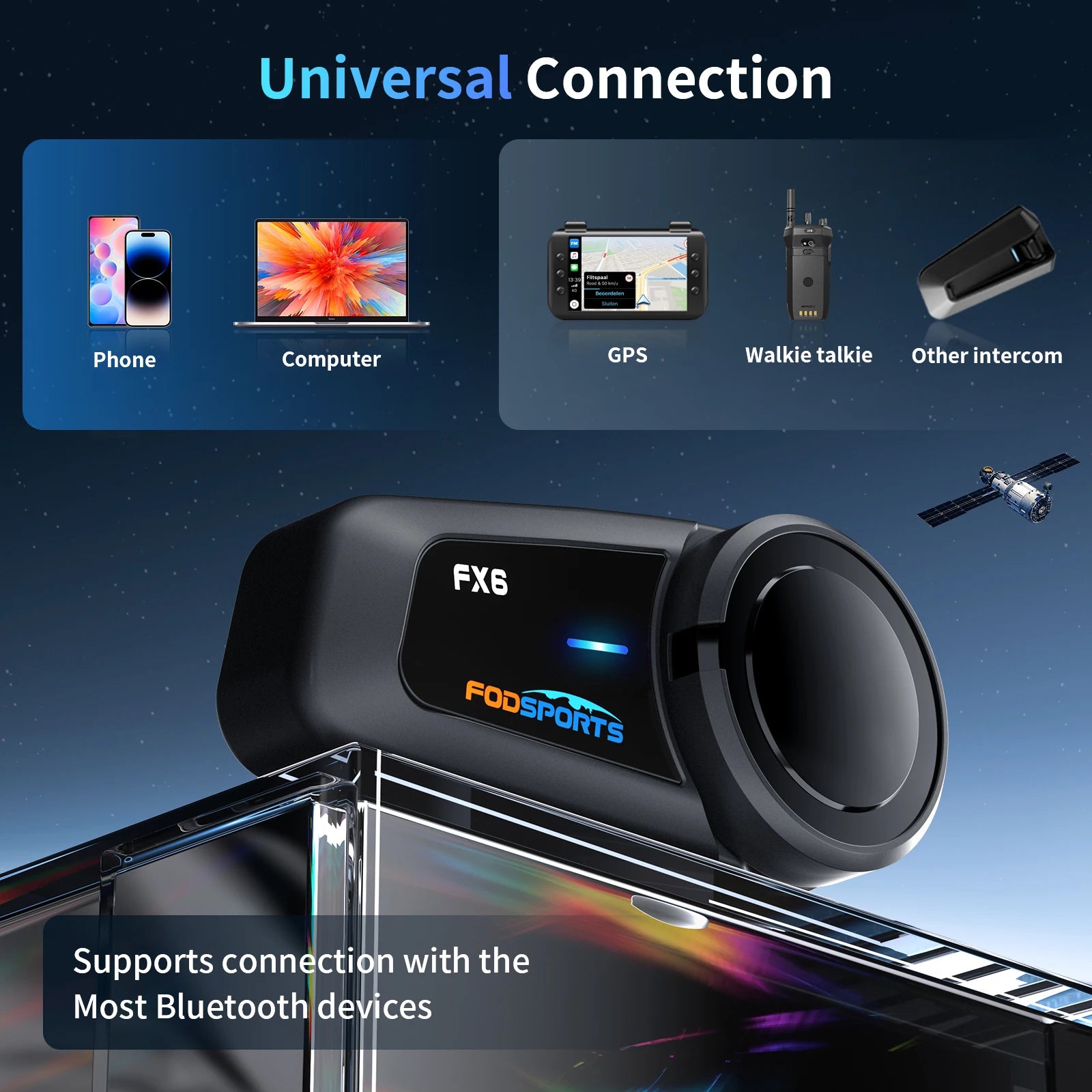 Bluetooth Motorcycle Helmet Intercom with FM Radio, 6-Rider Group Communication Waterproof Headset