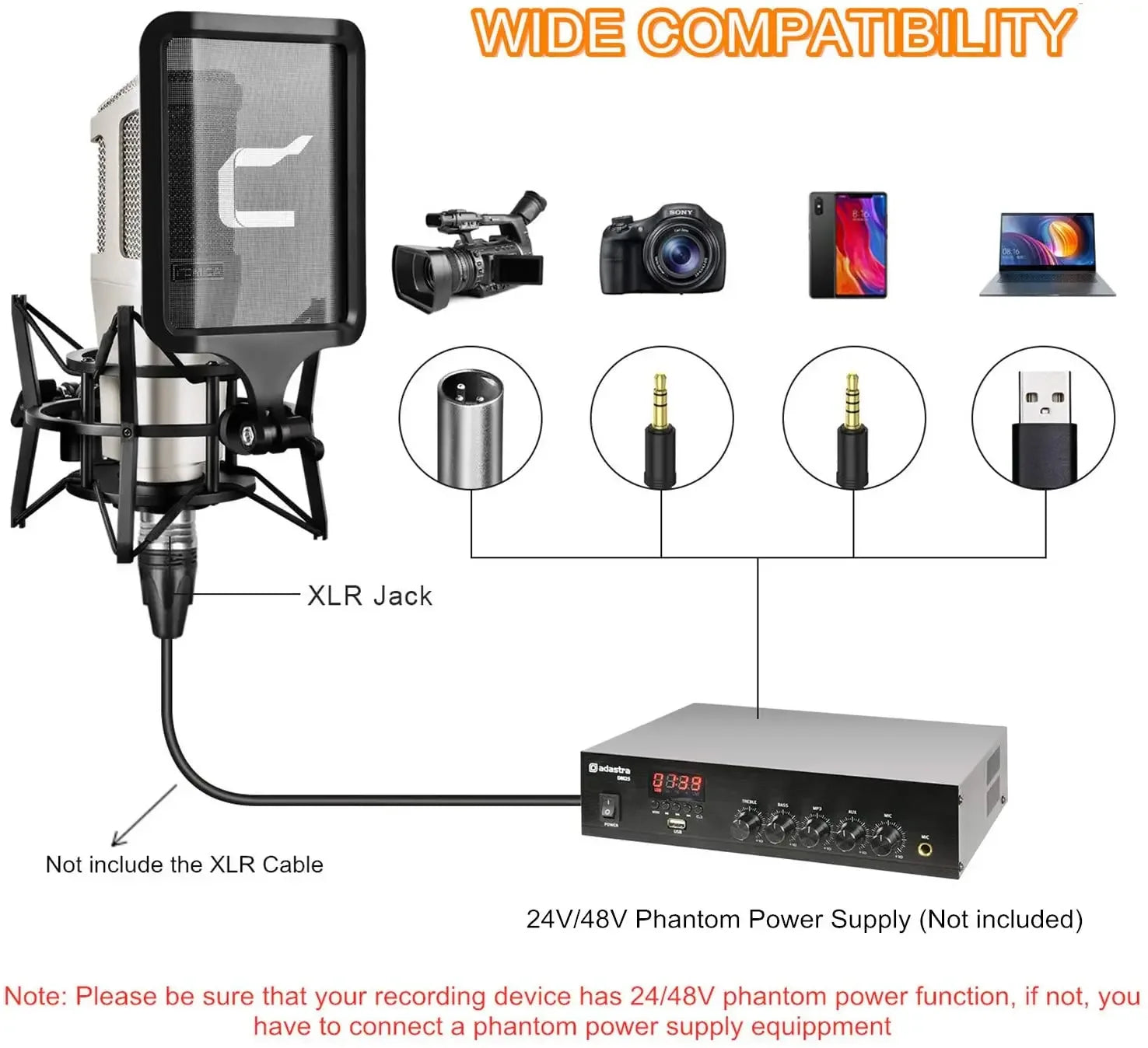 Professional Studio XLR Condenser Cardioid Microphone with Large Diaphragm and Pop Shield