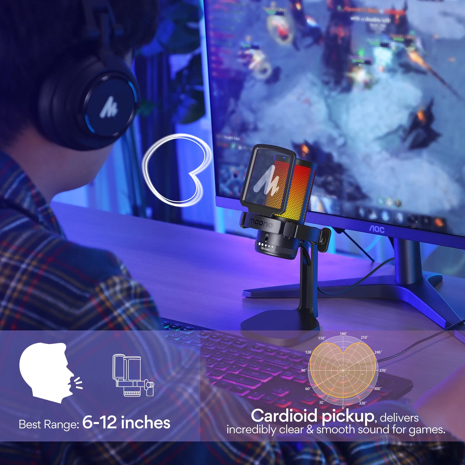 USB RGB Gaming Microphone Condenser Mic with Noise Reduction Gain Control One Key Mute