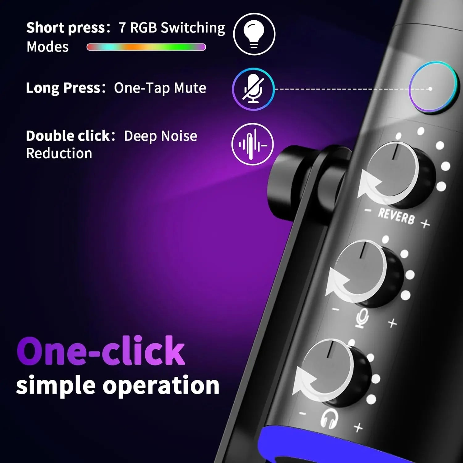 USB Condenser Gaming Microphone with Noise Cancellation, RGB Lighting and Mute Control