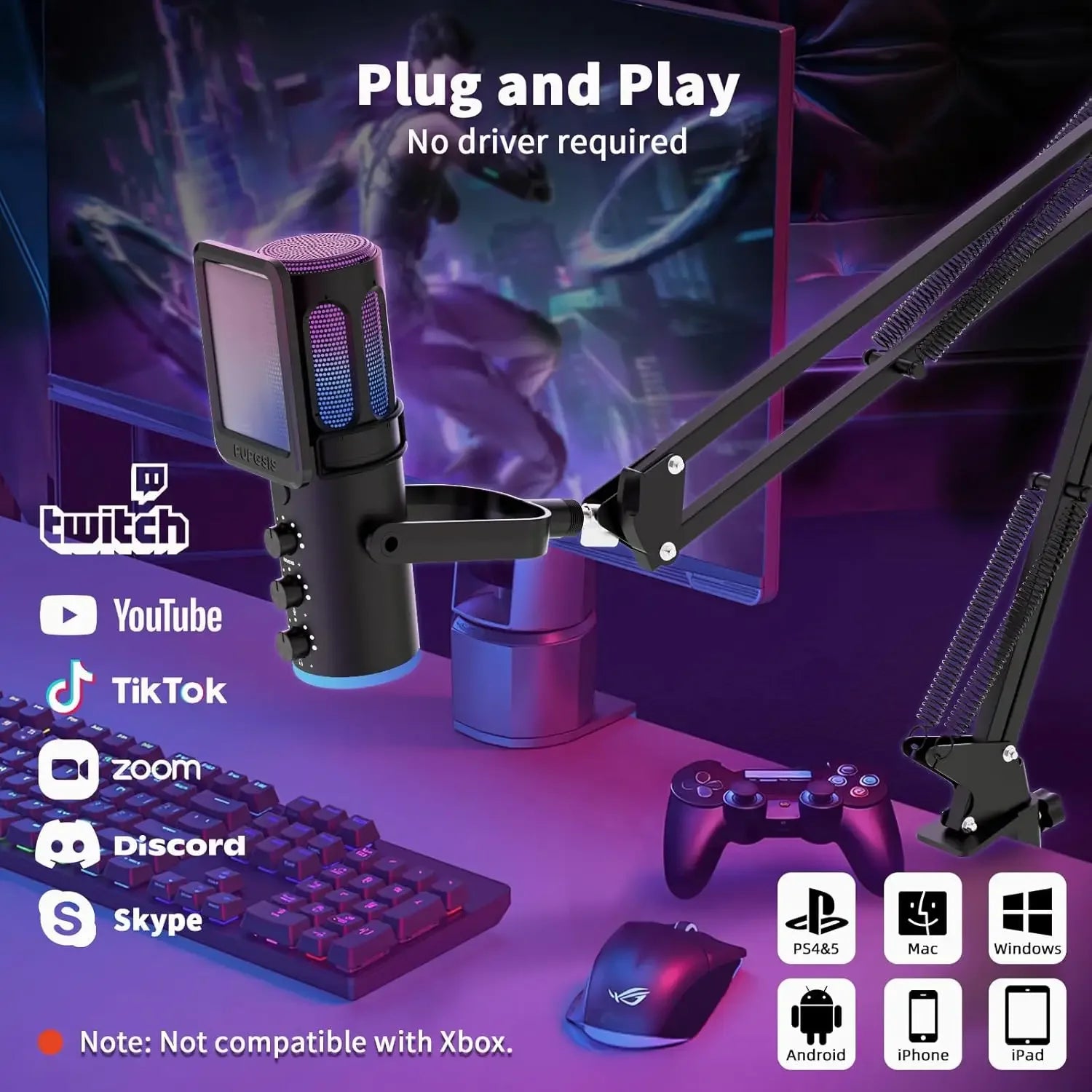 Professional USB Condenser Microphone with Noise Cancellation and Boom Arm for Streaming