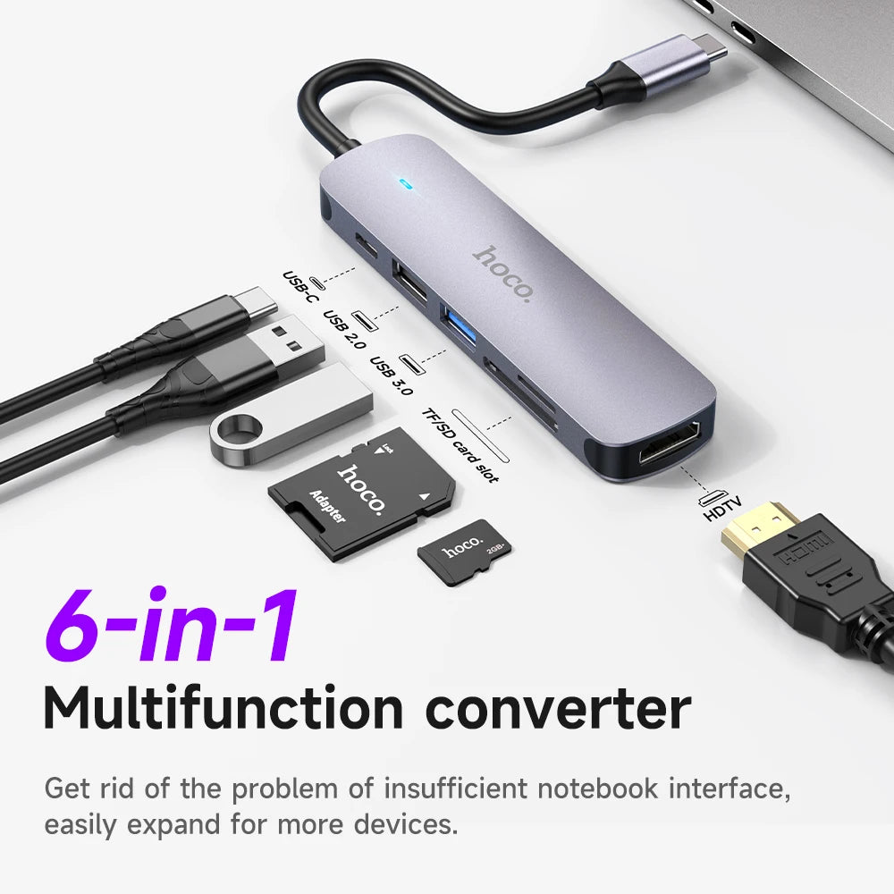 Ultra Compact 6-in-1 USB Type-C Hub Adapter with 4K HDMI PD Charging SD TF Card Reader and USB Ports