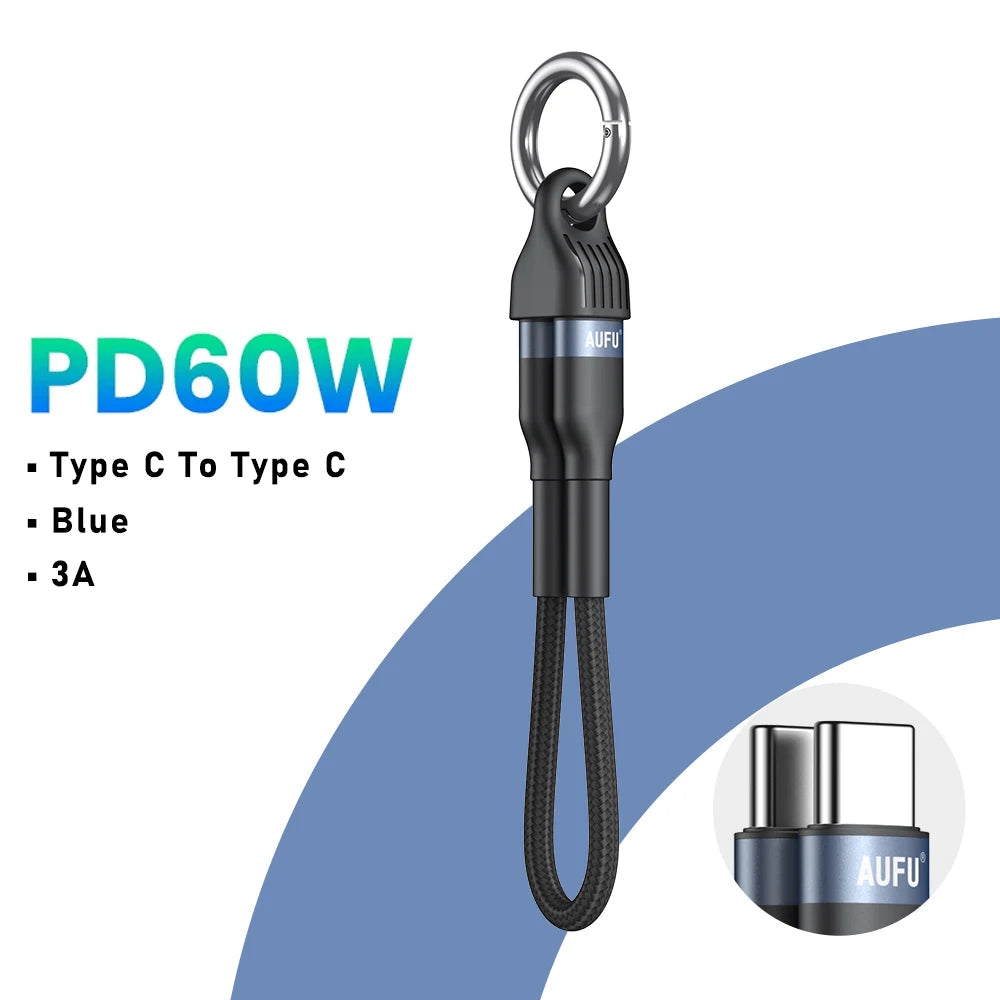 PD60W USB Type C to Type C Fast Charging Short Cable with Keychain for Laptop and Phone