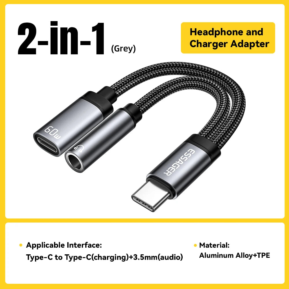 Essager 2-in-1 Type-C to 3.5mm AUX Audio Adapter with 60W PD Fast Charging for iPhone 16, Samsung