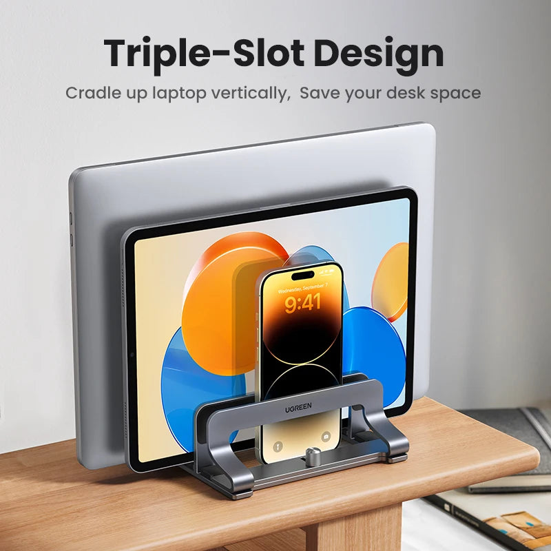 Vertical Aluminium Laptop Stand Triple Slot Holder for MacBook Pro Air Tablet iPad Phone