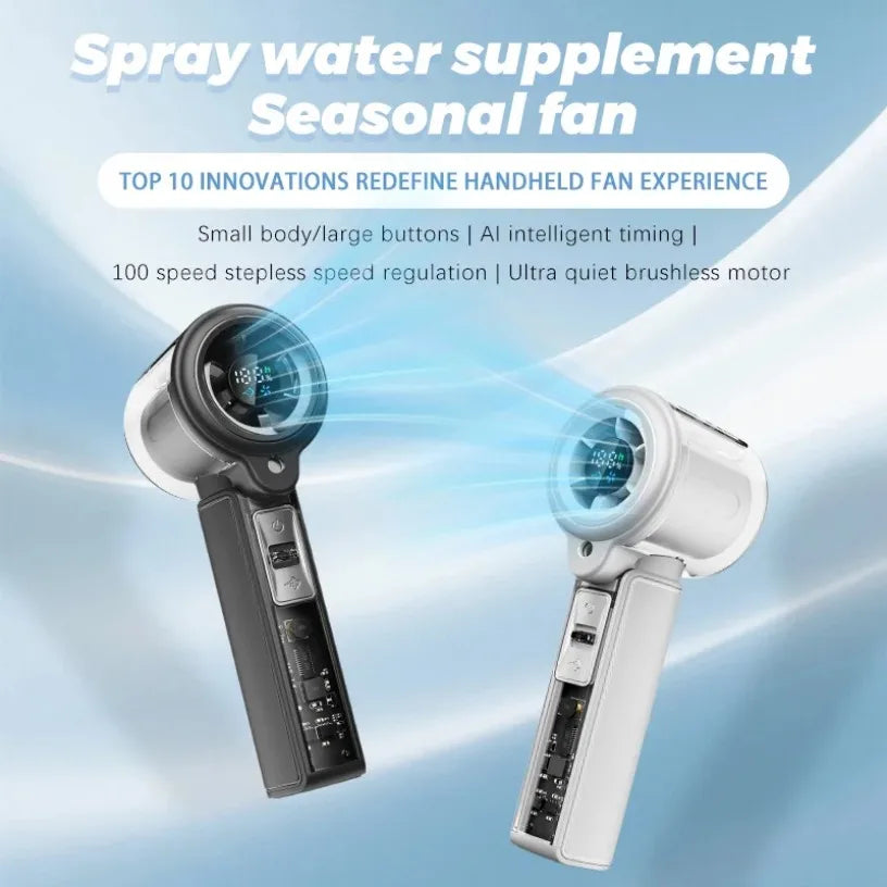 Portable Rechargeable Handheld Fan with Water Mist Spray and Digital Display for Outdoor Use