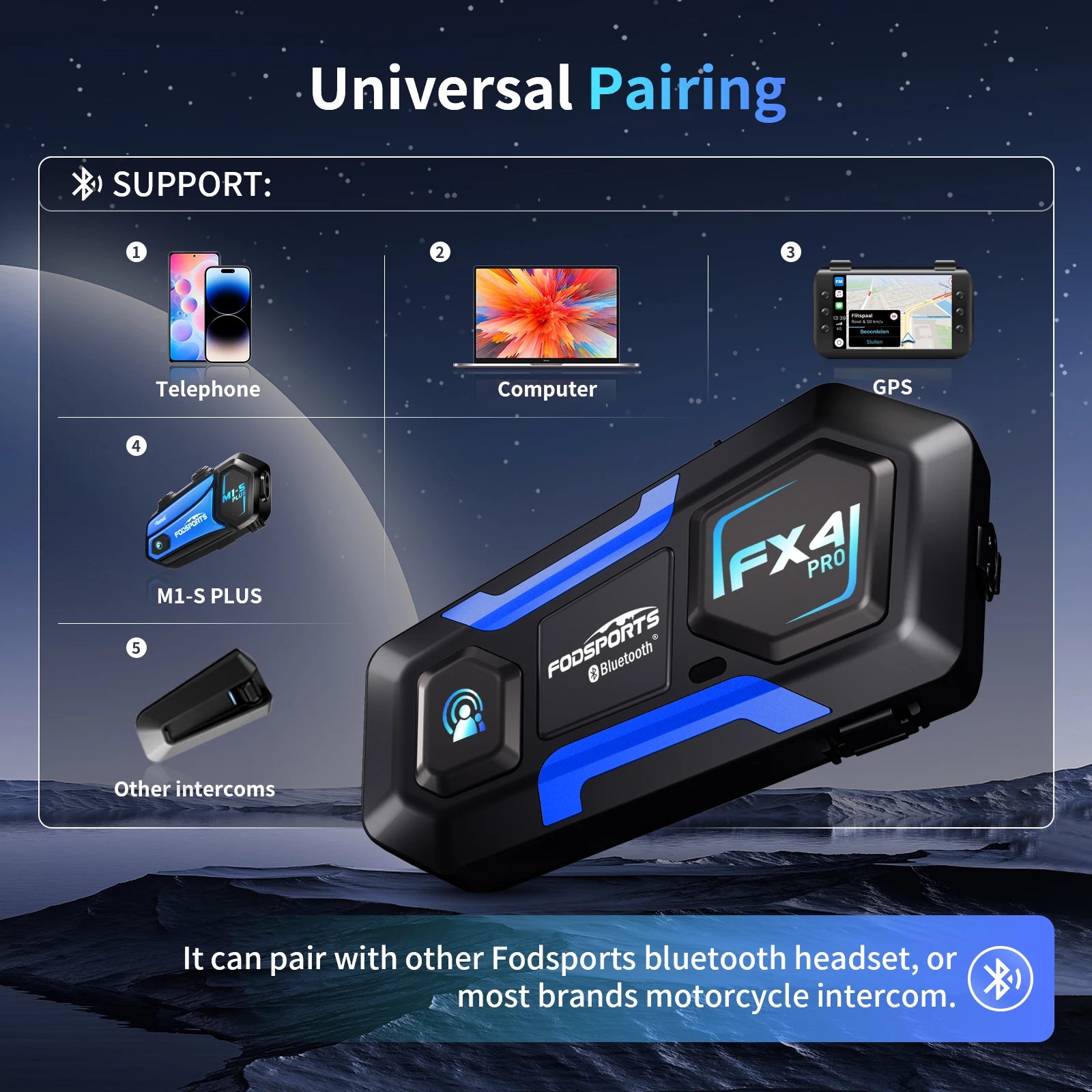 Motorcycle Bluetooth Helmet Intercom Headset with FM Radio for Four Riders Up to 1200m Range