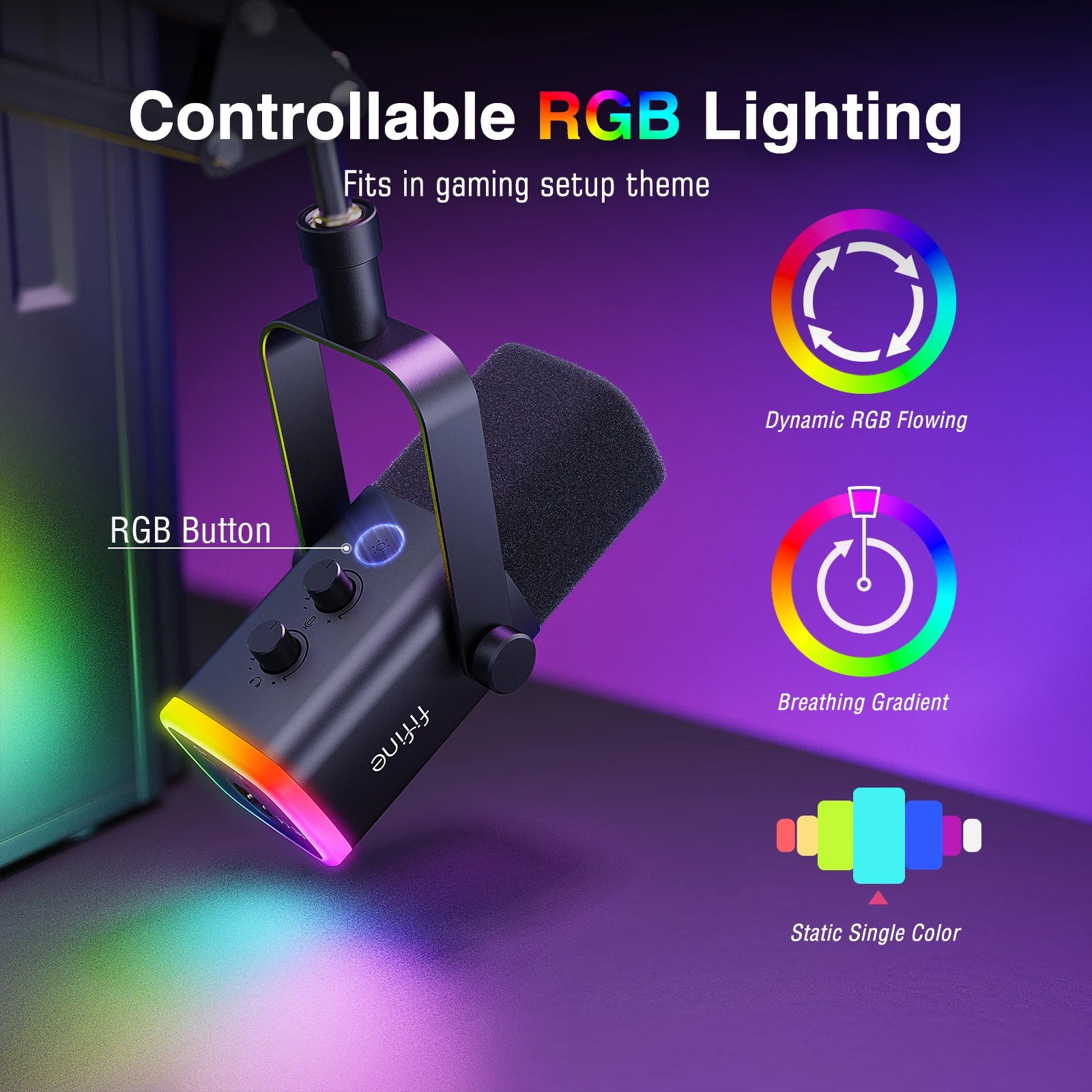 USB XLR Dynamic Gaming Microphone Kit with Boom Arm RGB Mute Headphone Jack for PC PS5 Mixer