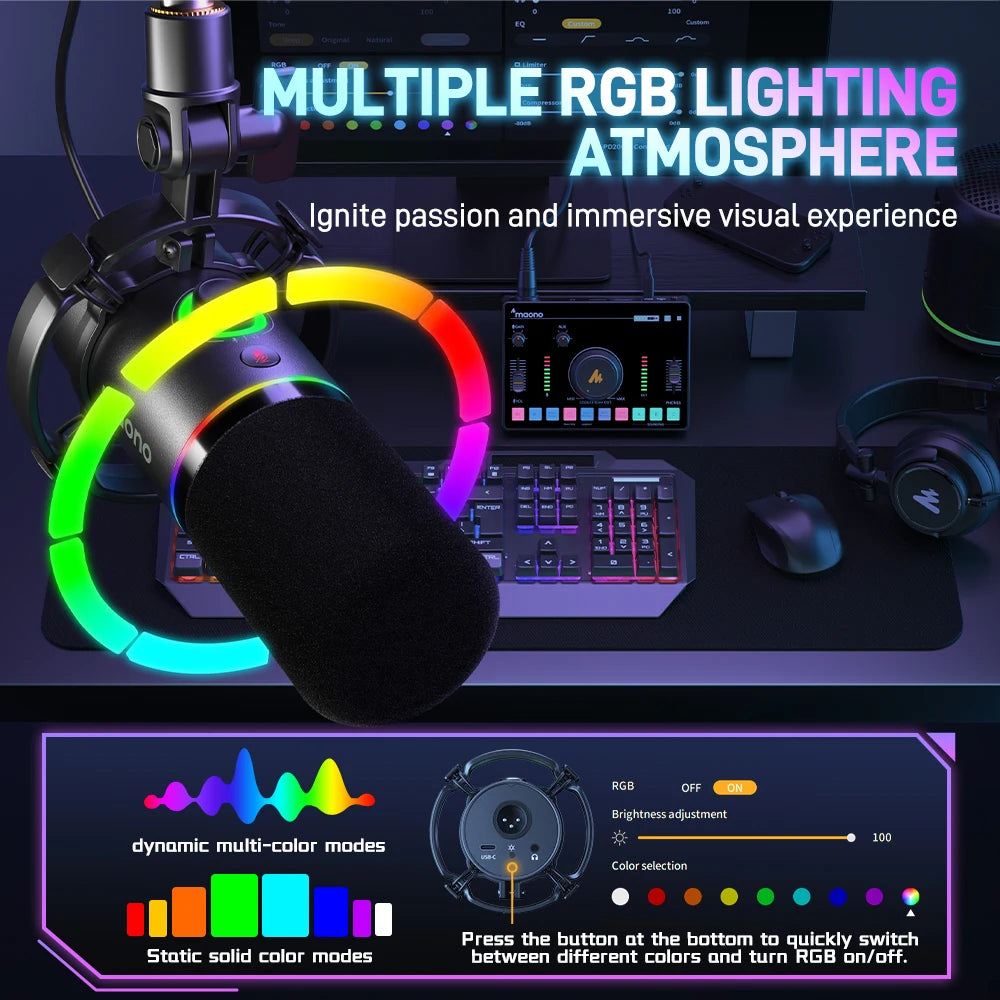 XLR USB Dynamic Gaming Microphone Metal Streaming Recording Mic with RGB Lighting Gain Knob