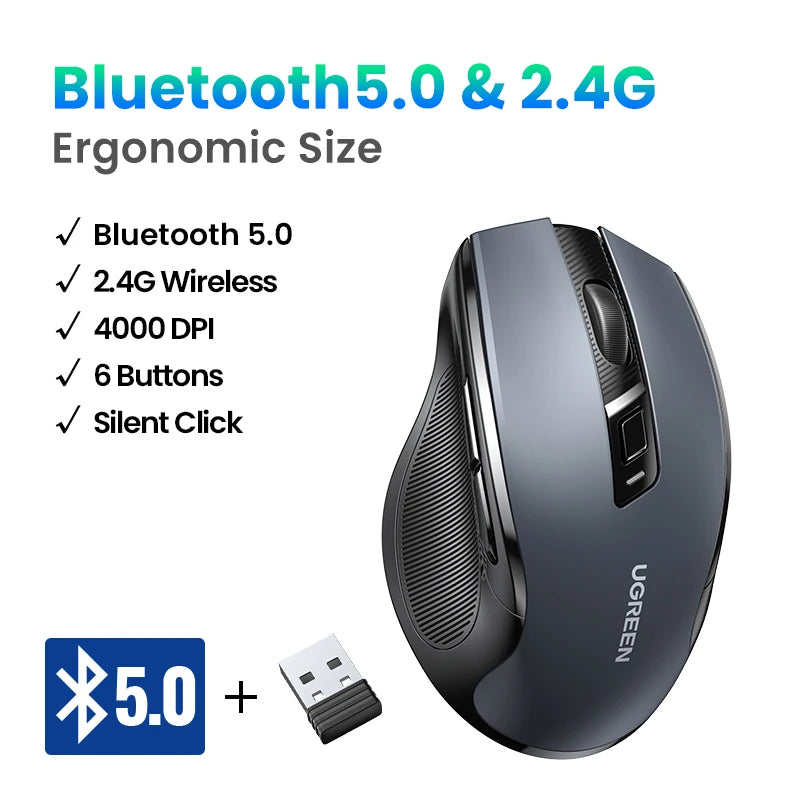 Wireless Bluetooth 5.0 & 2.4GHz Ergonomic Mouse 4000 DPI Silent Clicks for Laptop PC Tablet
