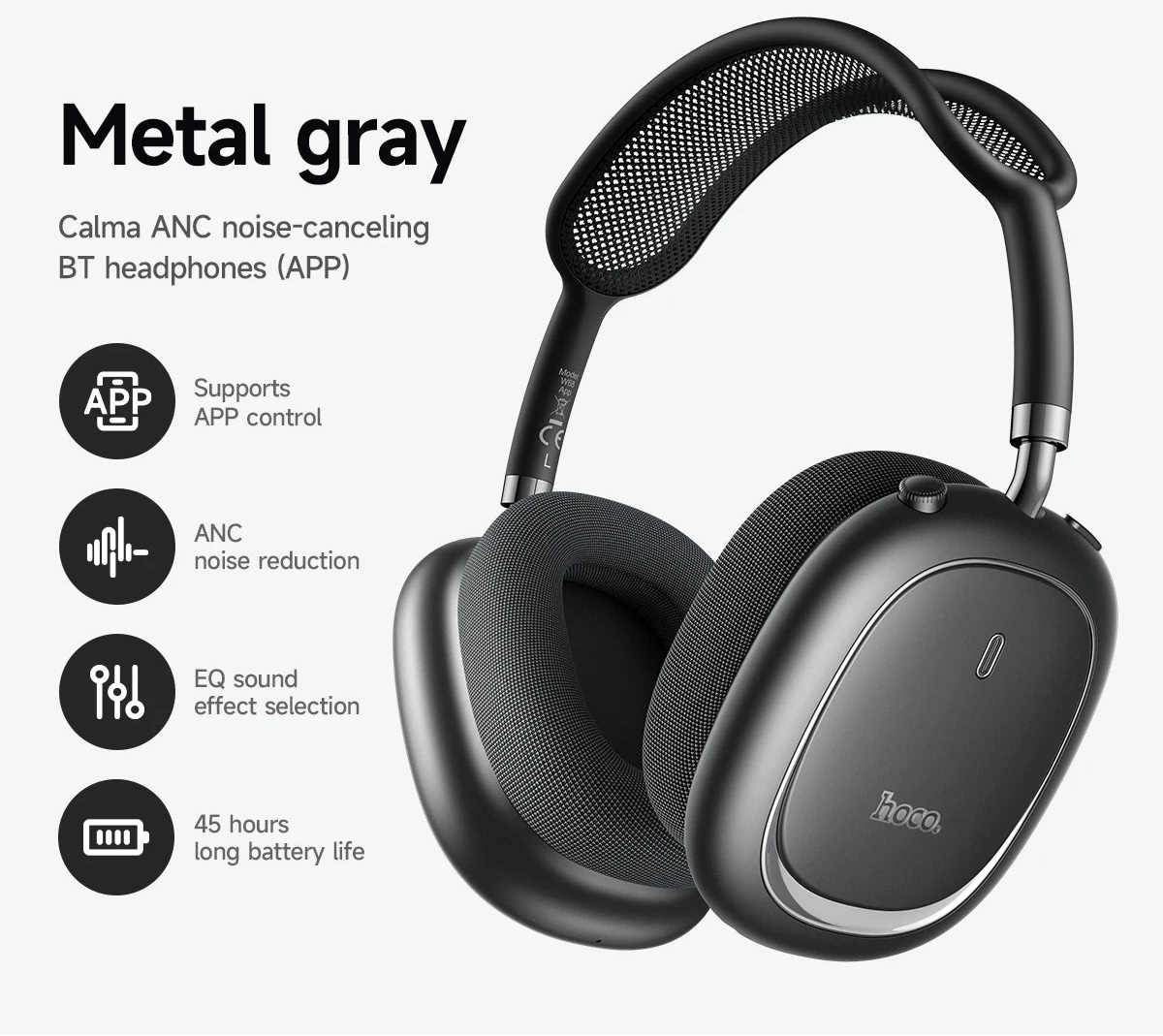 Wireless Bluetooth 6.0 ANC Over-Ear Headphones with App Control Microphone and 45 Hour Battery Life