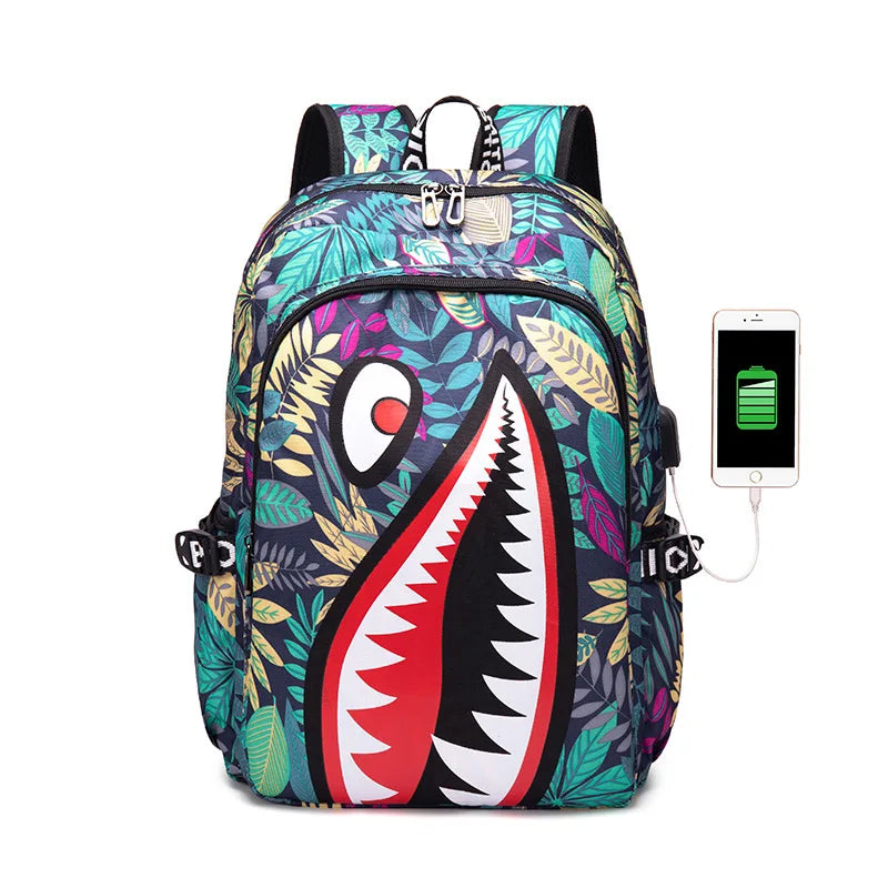 Children’s Shark Print Large Capacity Backpack for Kids Lightweight Durable Cartoon School Bag