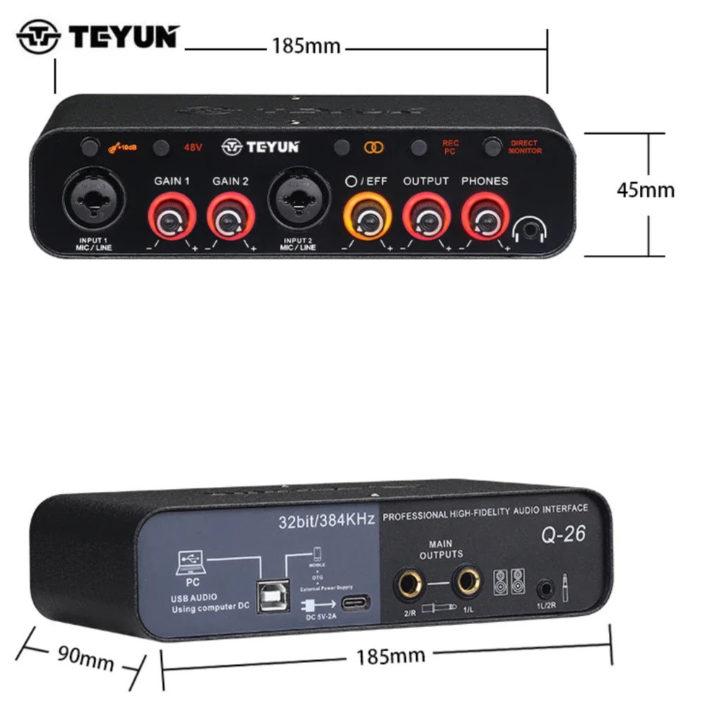 2 channel portable USB audio interface mixer for guitar recording and studio sound production