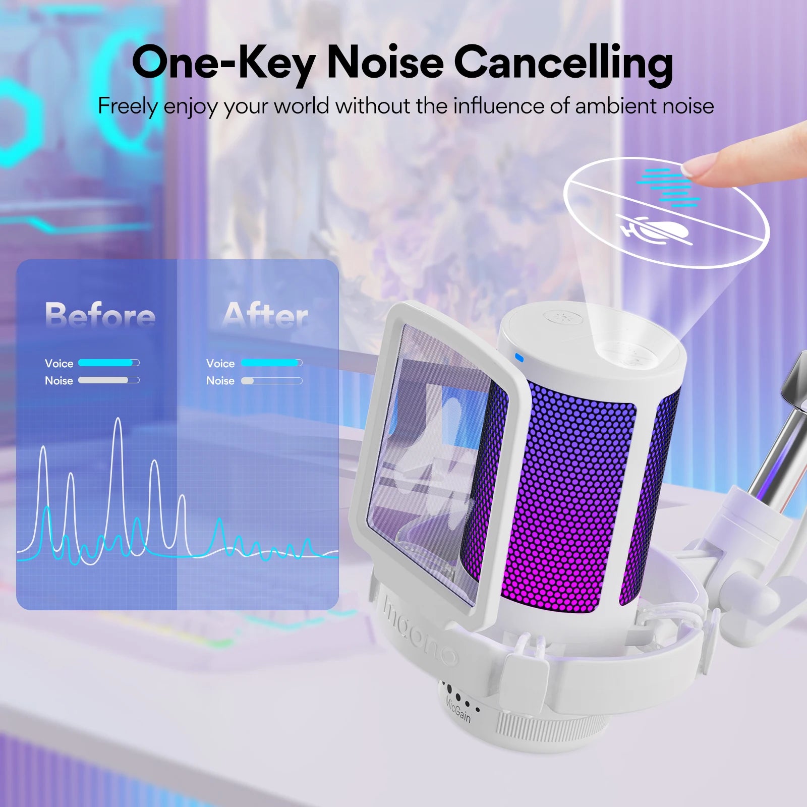 USB Gaming Microphone RGB Lighting, Noise Cancelling, Gain Control & One-Touch Mute for Streaming