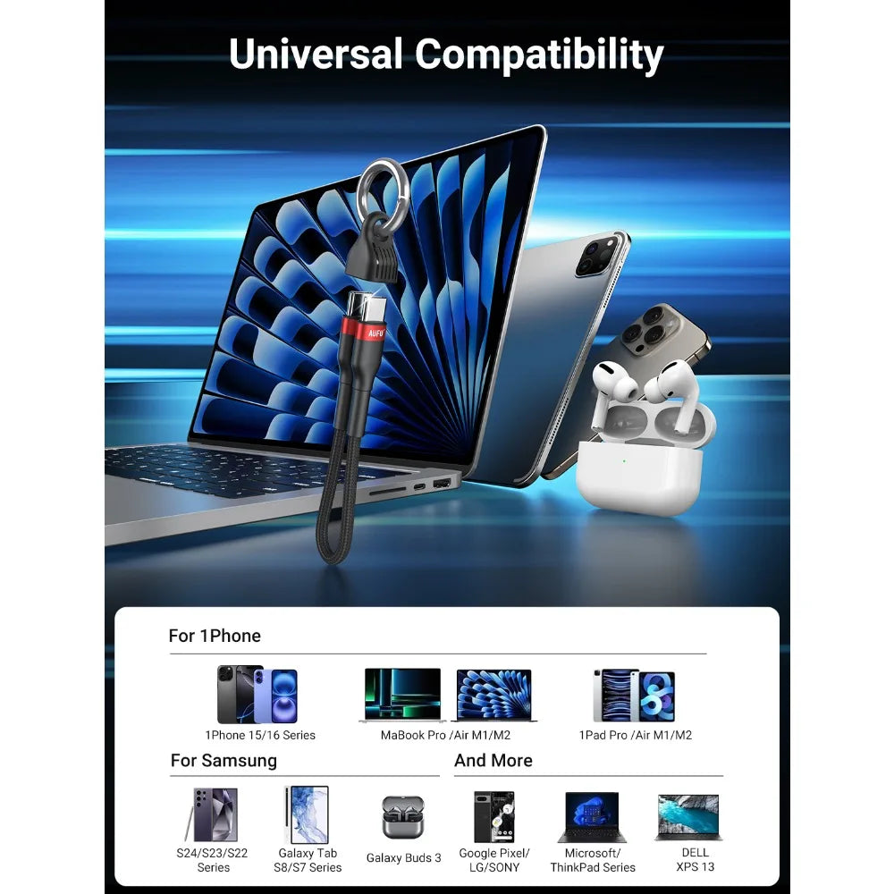 PD60W USB Type C to Type C Fast Charging Short Cable with Keychain for Laptop and Phone
