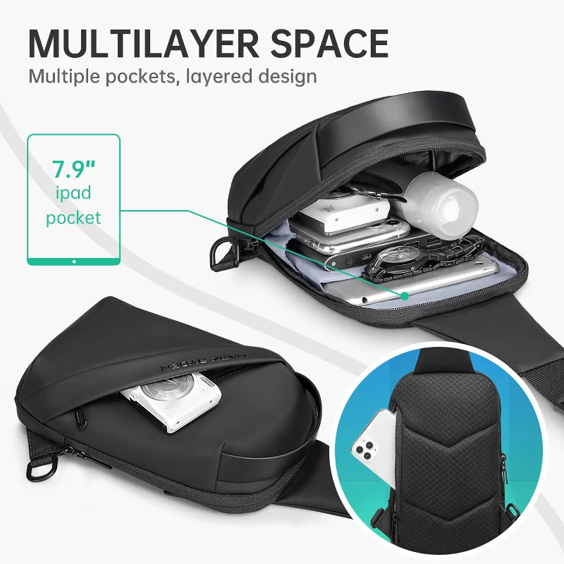 Men’s Black Oxford Crossbody Sling Bag with USB Charging and Water Resistant Chest Design 7.9 Inch