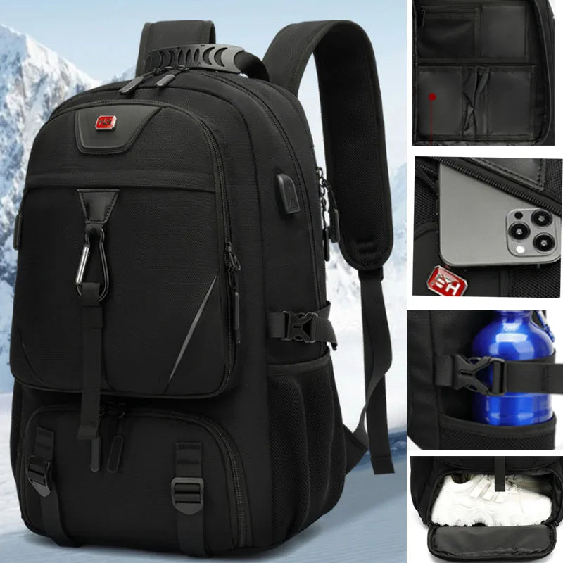 Large capacity outdoor backpack with USB charging and multiple compartments for travel hiking camping