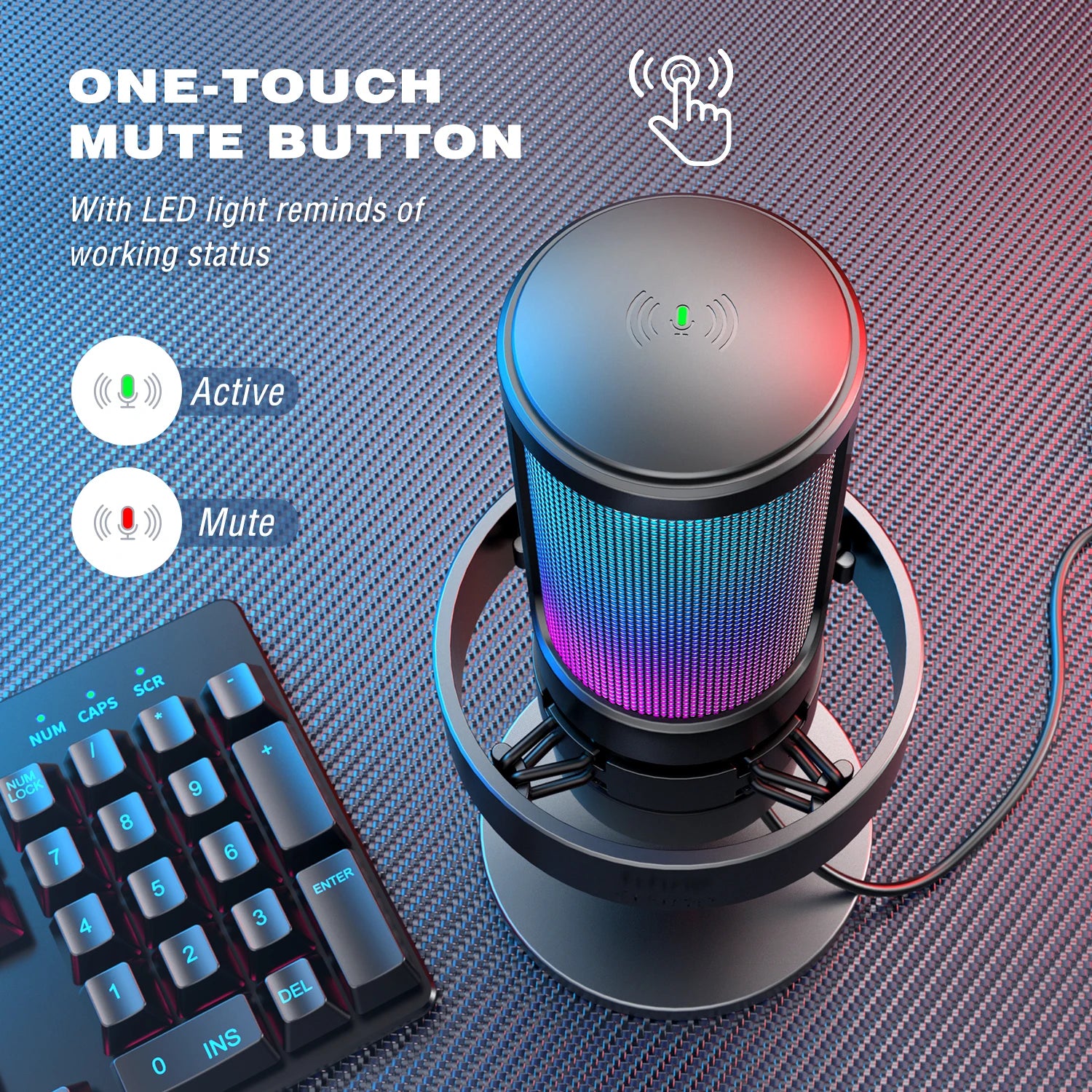 USB Condenser Microphone with RGB Lighting, Headphone Monitoring and Touch Mute for PC Mac Recording