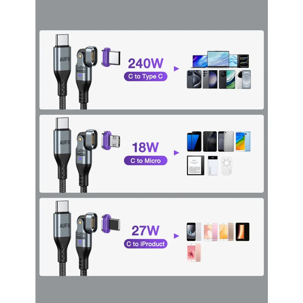 Magnetic 240W Fast Charging USB Cable with 180 Degree Rotation for iPhone and Type C Devices