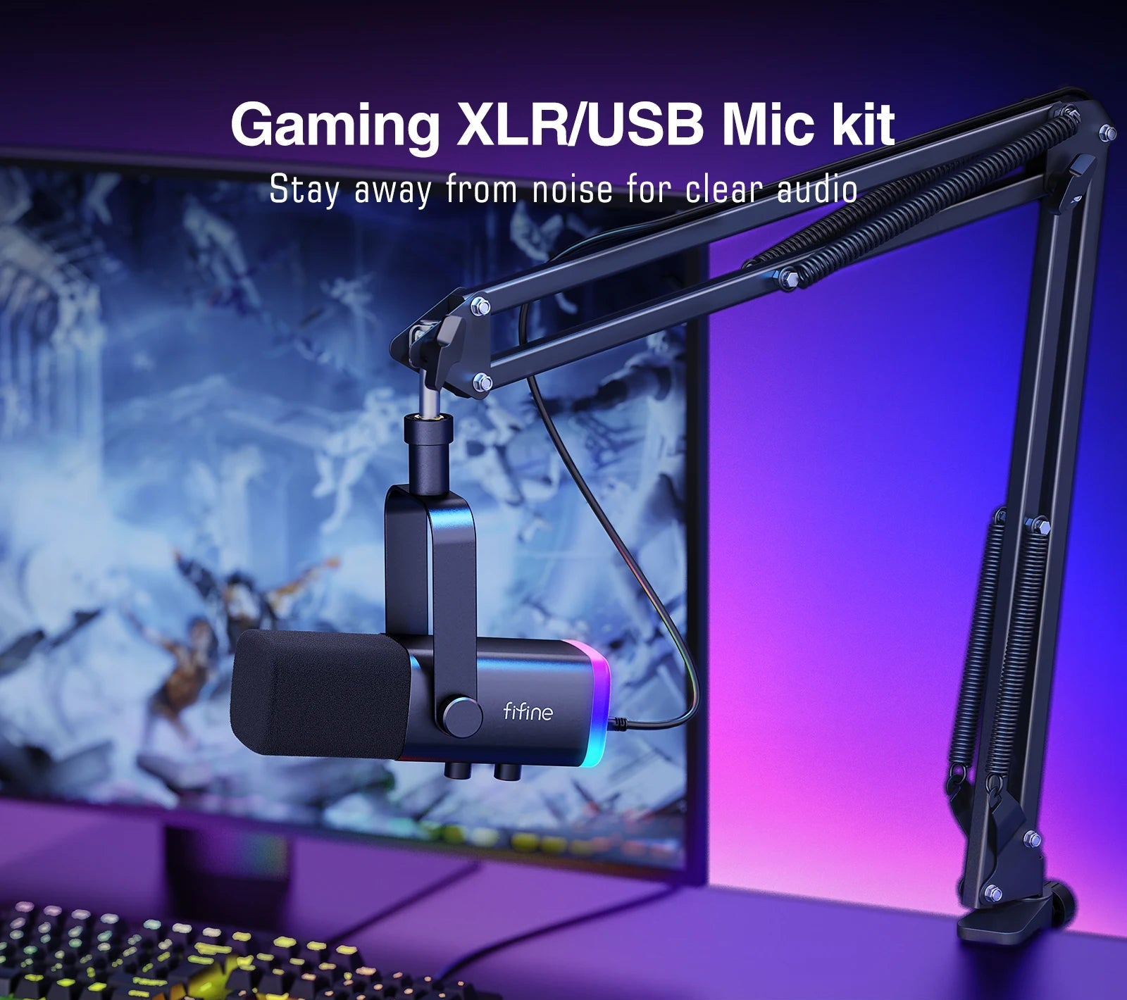 USB XLR Dynamic Gaming Microphone Kit with Boom Arm RGB Mute Headphone Jack for PC PS5 Mixer