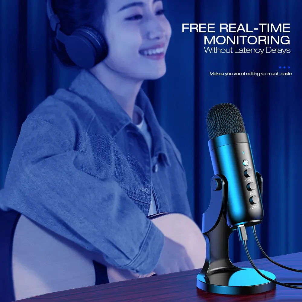 Haomuren USB Condenser Microphone with Headphone Output & Phone Adapter for PC, Mac & Gaming