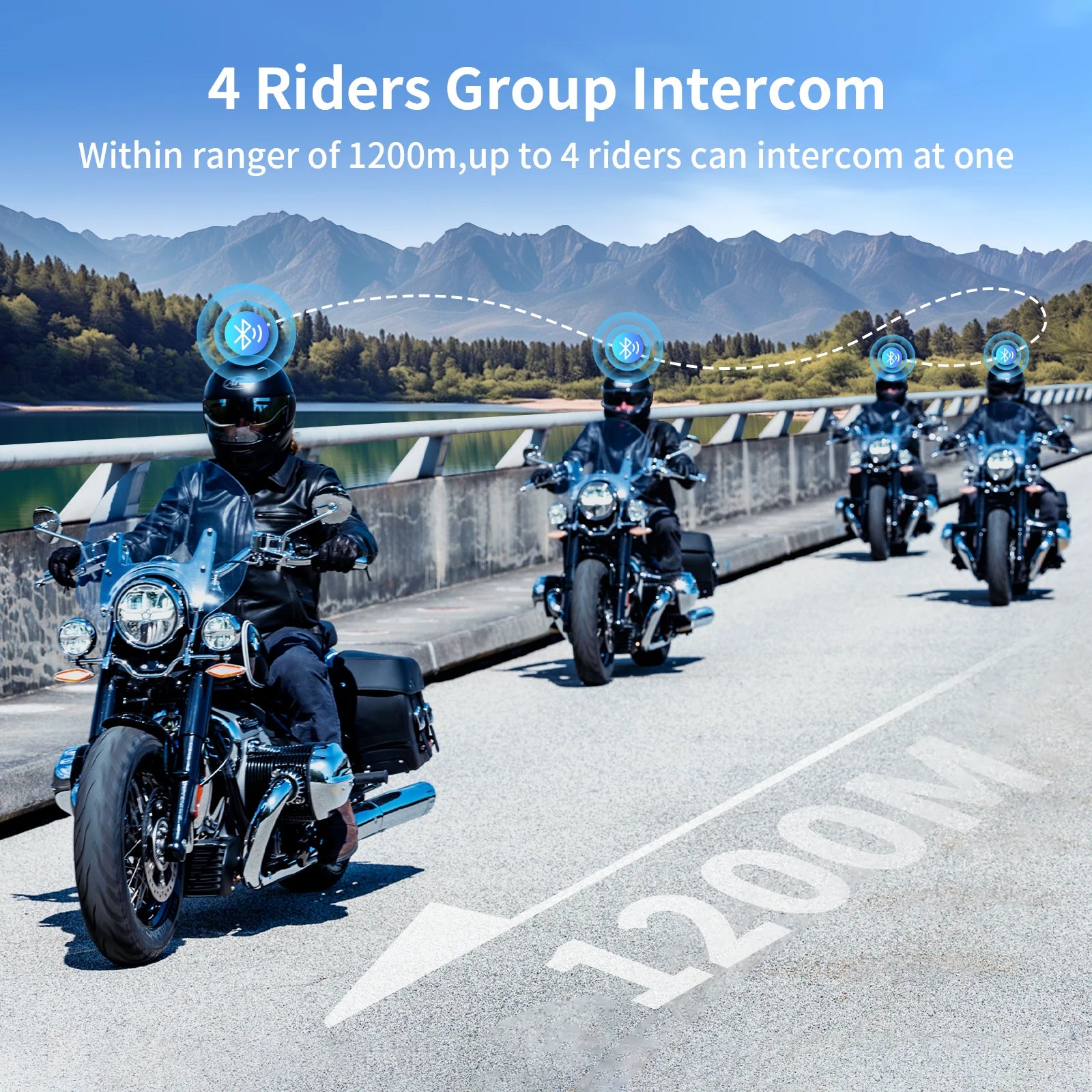 Motorcycle Bluetooth Helmet Intercom Headset with FM Radio for Four Riders Up to 1200m Range