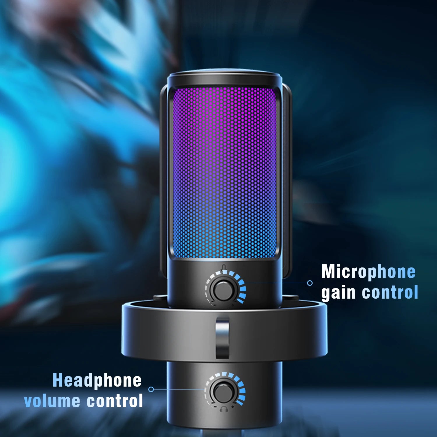 USB Gaming Microphone with RGB Lighting 4 Polar Patterns, Live Monitoring, Gain Control & Touch Mute