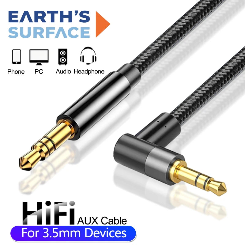 3.5mm Right Angle AUX Audio Cable Male to Male for Car, Headphones, Speakers & Phones