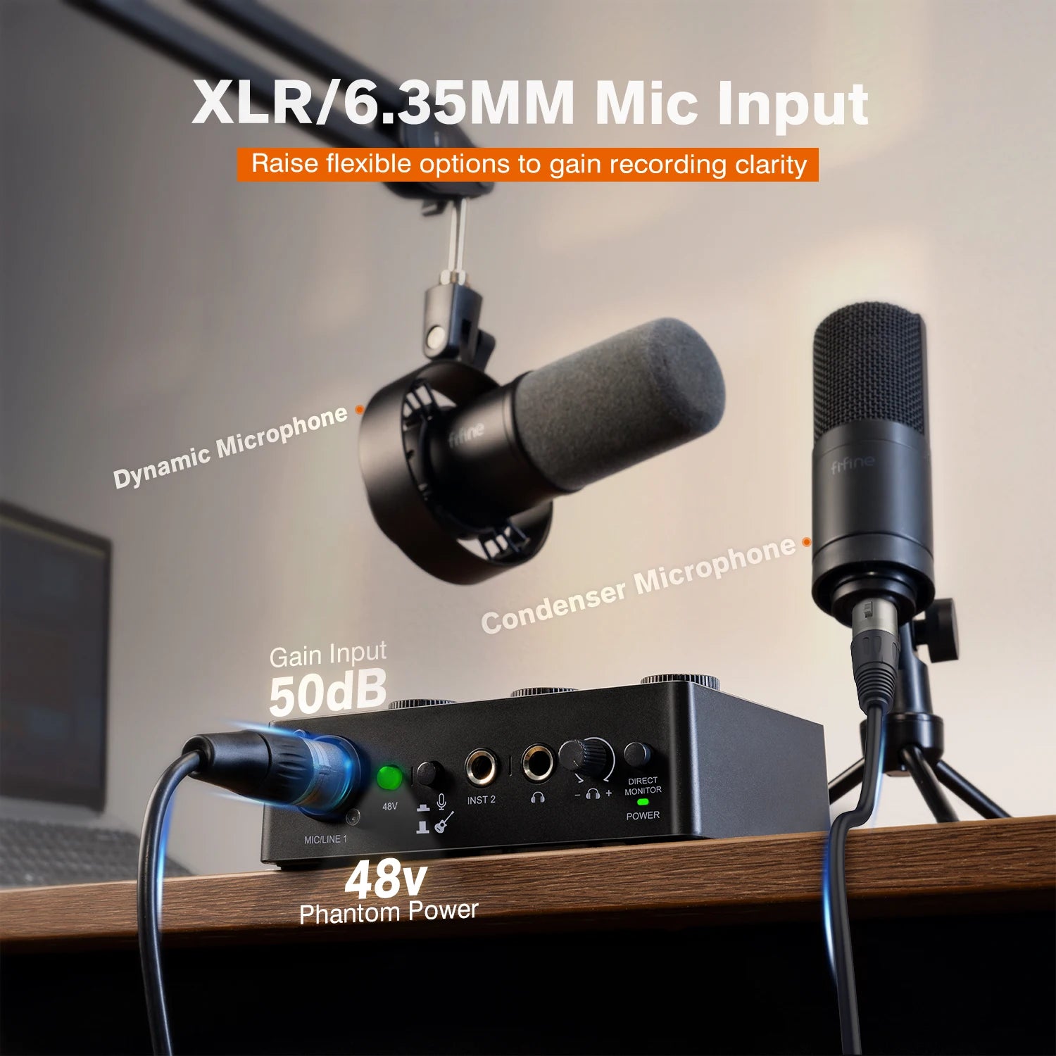 XLR Audio Interface Sound Mixer with 48V Phantom Power, Gain Control for Podcasting & Recording