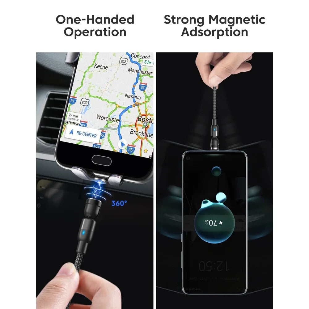 Magnetic 3 in 1 Fast Charging Cable with 540 Degree Rotate for Type C Micro USB and iPhone Devices