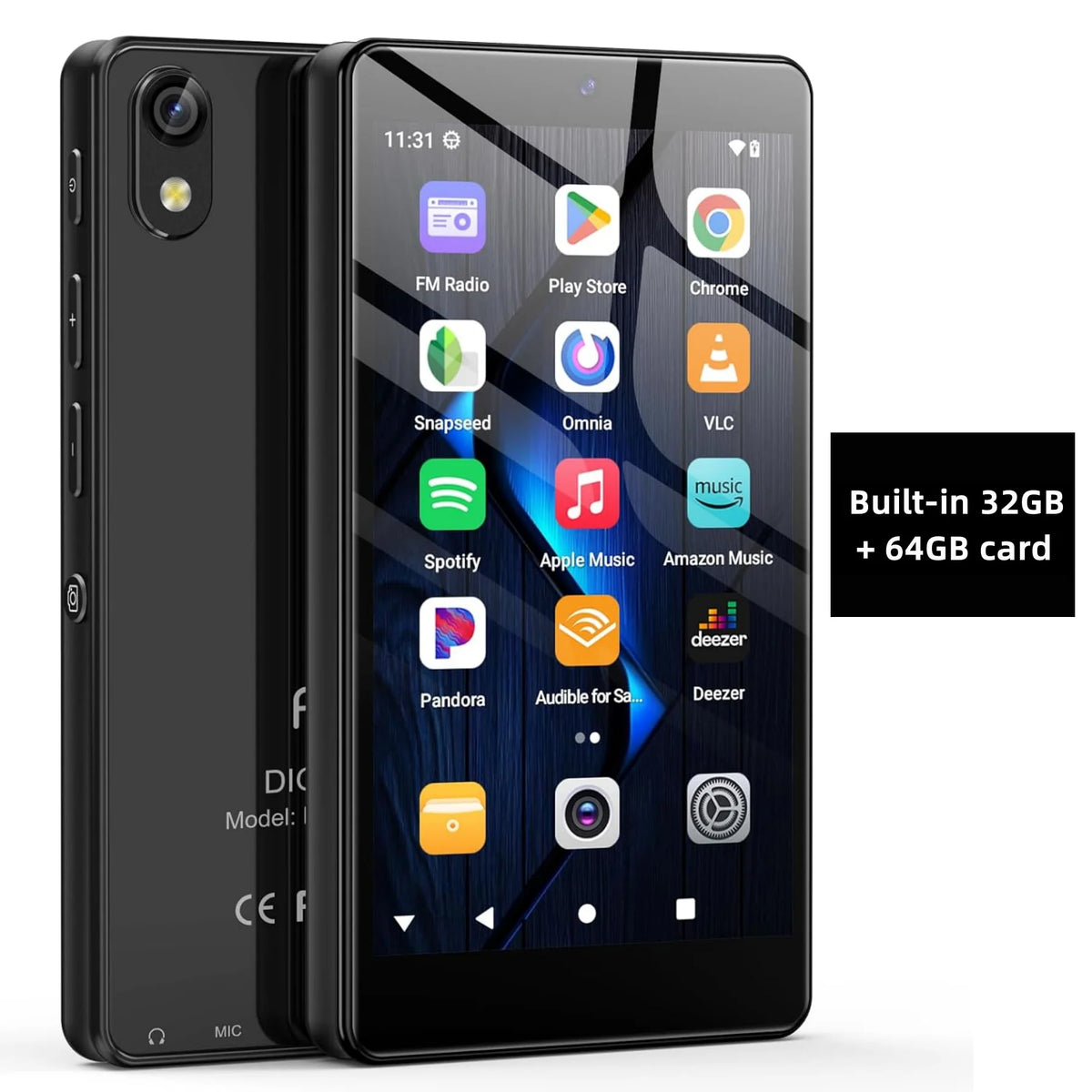 Bluetooth MP3 Player with Camera, Android 13, 4" Touch Display, Wi-Fi, High-Res Audio, 32GB/96GB
