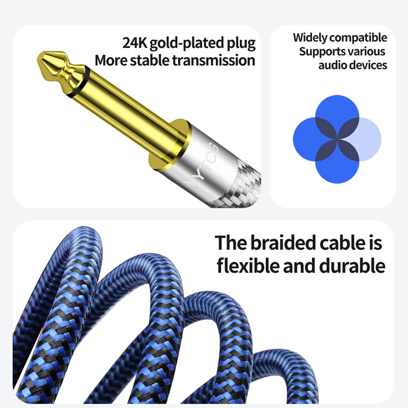 Premium 3.5mm to Dual 6.35mm OCC Audio Cable with Gold Plated Connectors for Amplifier and Studio