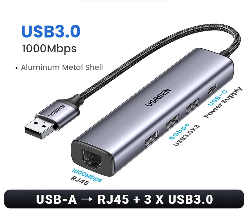 USB 3.0 Gigabit Ethernet Adapter with 3-Port Hub RJ45 LAN Network Card for Laptop PC